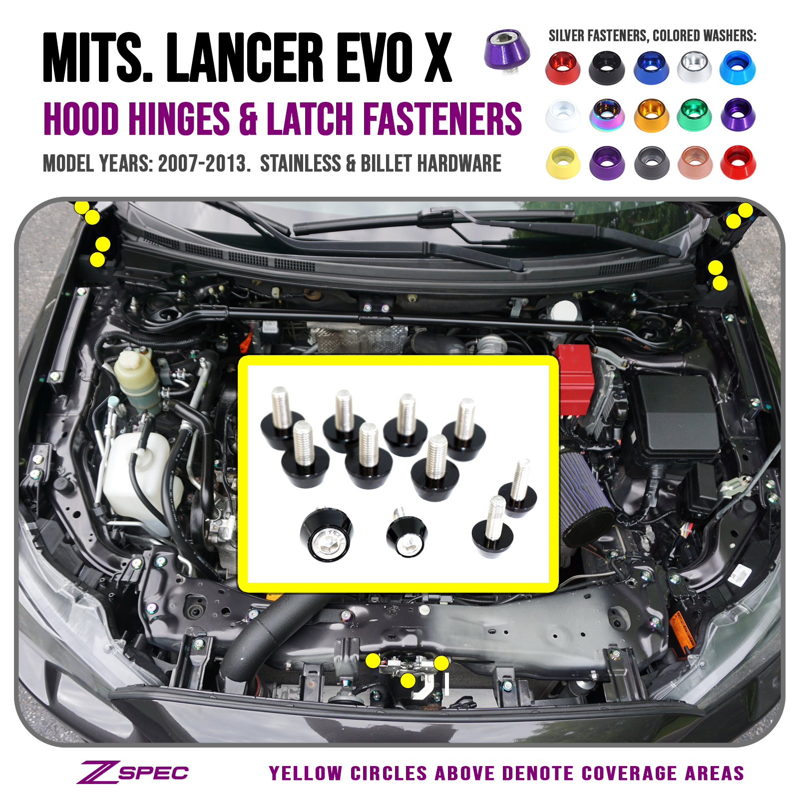 ZSPEC Hood Hinges & Latch Fastener Kit for 07-13 Mitsu Lancer EVO 10, Stainless & Billet - ZSPEC Design LLC - Hardware Fasteners - EVO, Fastener Kit, hood, Lancer, Mitsubishi - zspecdesign.com