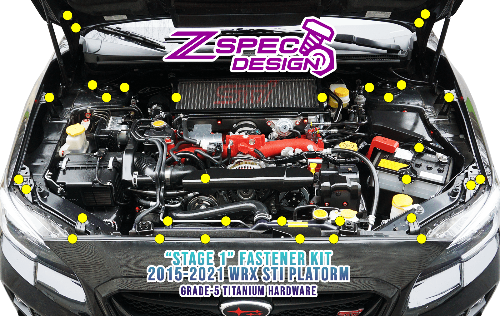 ZSPEC "Stage 1" Dress Up Bolts® Fastener Kit for '15-21 Subaru WRX & STI, Grade-5 Titanium - ZSPEC Design LLC - Hardware Fasteners - Fastener Kit, stage 1, sti, subaru wrx, Washer Color - zspecdesign.com