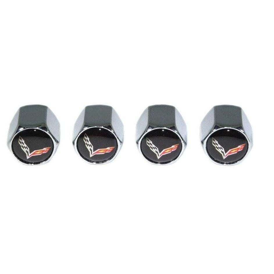Chrome Valve Stem Tire Caps, Style: Corvette, Black Background - ZSPEC Design LLC - Hardware Fasteners - cap, Corvette, tire - zspecdesign.com