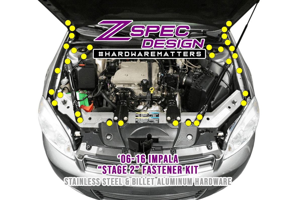 ZSPEC "Stage 2" Dress Up Bolts® Fastener Kit for '06-16 Chevy Impala, Stainless & Billet  SUS304 Stainless Fasteners, Billet Aluminum Finish Washers, Upgrade Performance Car Show Engine Bay Hardware