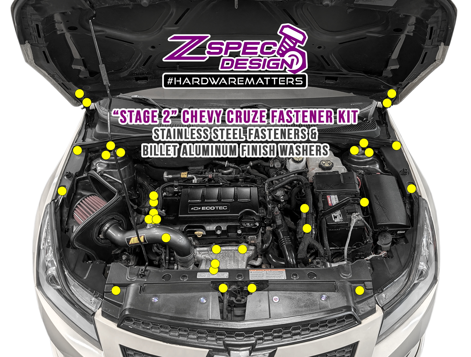 ZSPEC Stage-2 Dress Up Bolts® Fastener Kit, 11-15 Chevy Cruze

SUS304 Stainless Fasteners
Billet Aluminum Finish Washers
Bagged and Labeled by Area