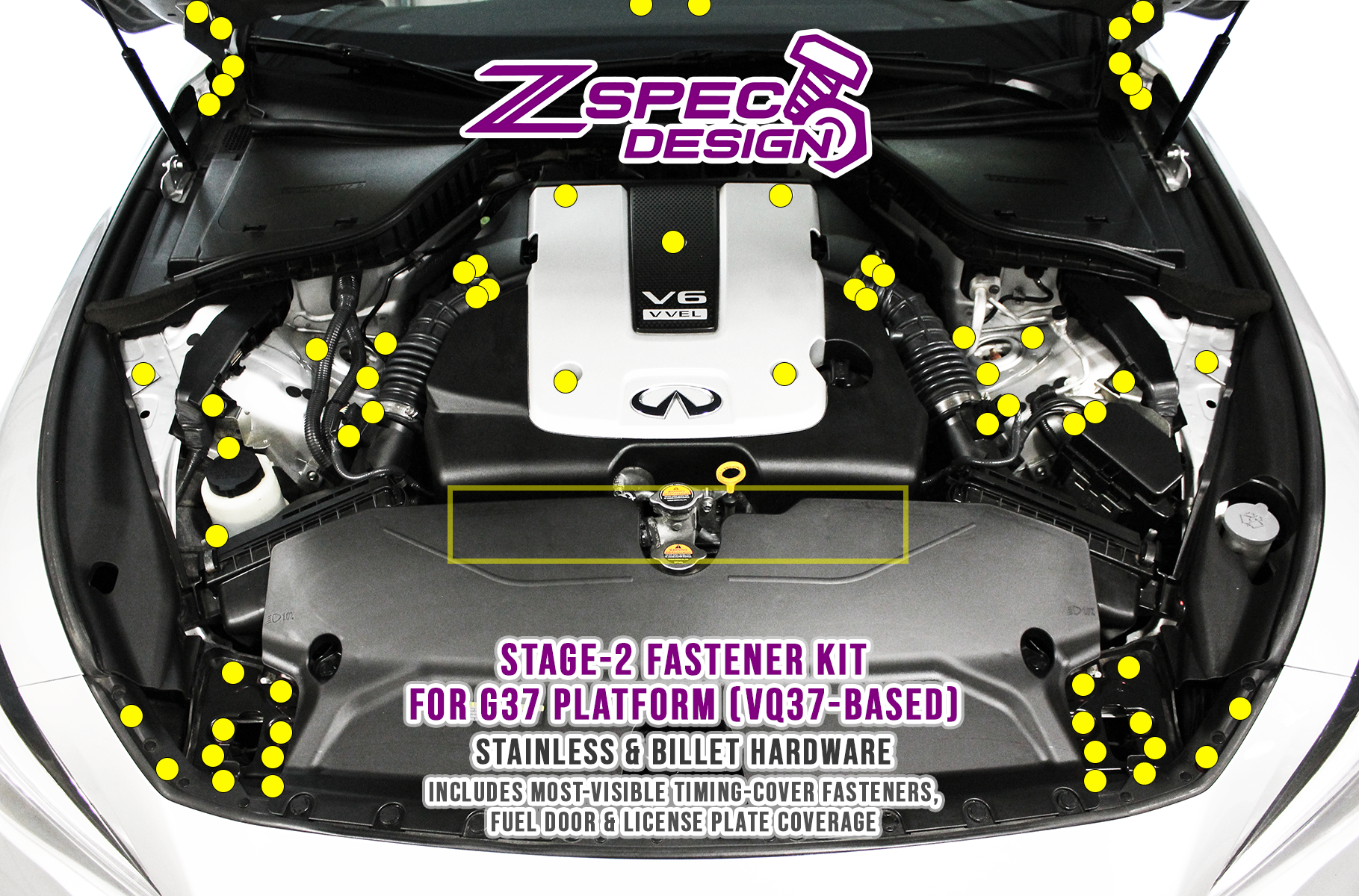 ZSPEC Stage 2 Dress Up Bolts® Fastener Kit, 09-17 Infiniti G37/Q50 VQ37 

SUS304 Stainless Fasteners
Billet Aluminum Finish Washers
Bagged & Labeled by Area