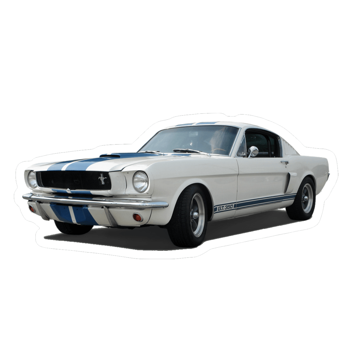 Ford Mustang Vintage-Model Vinyl Decal / Sticker, White-Blue Stripe