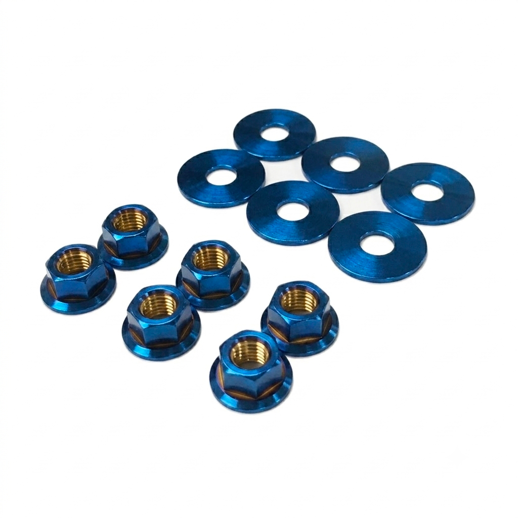 The ZSPEC Front-Shocks Fastener Kit for the '15-23 Ford Mustang GT 5.0L S550, Titanium is comprised of over 12 pieces of grade-5 titanium hardware.