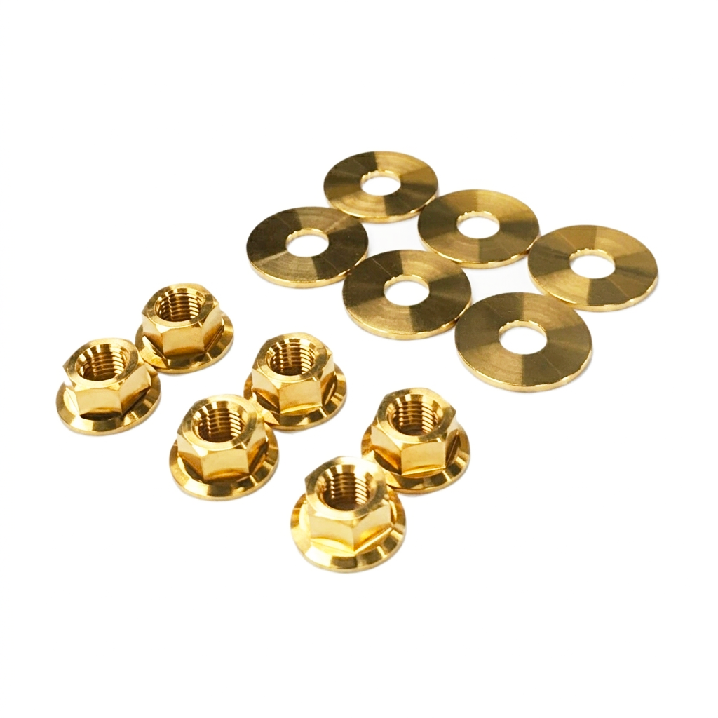 The ZSPEC Front-Shocks Fastener Kit for the '15-23 Ford Mustang GT 5.0L S550, Titanium is comprised of over 12 pieces of grade-5 titanium hardware.
