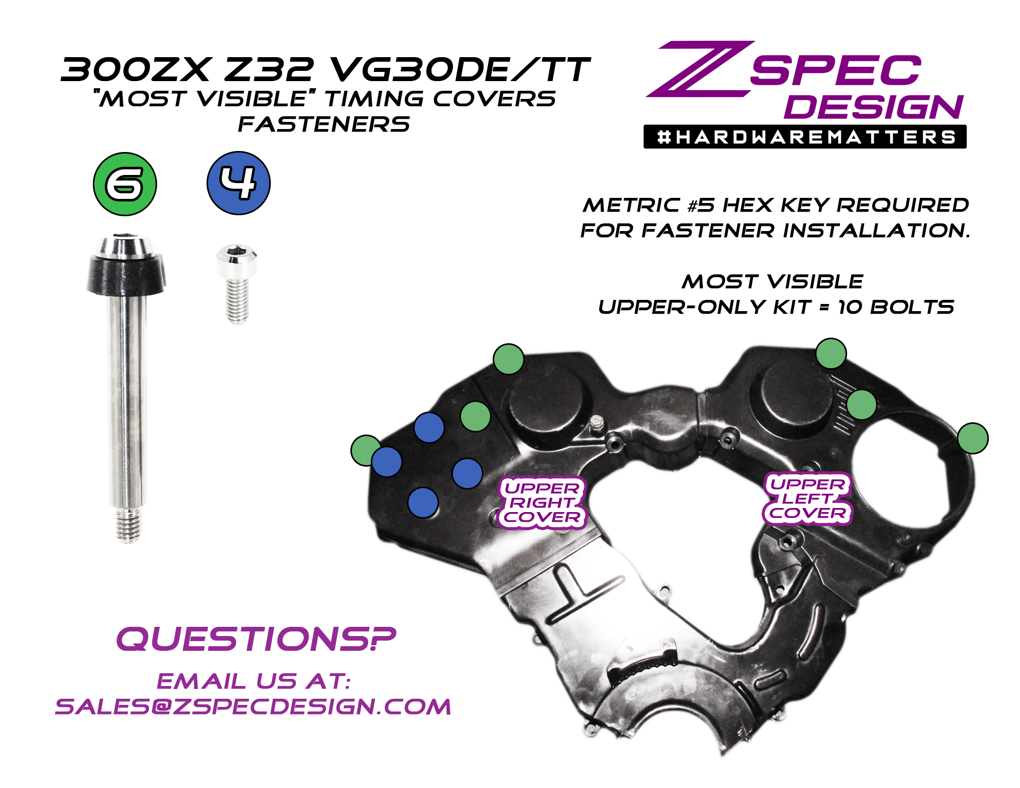 ZSPEC "Most Visible" (Top) Timing Covers Fasteners, Nissan 300zx Z32, Titanium