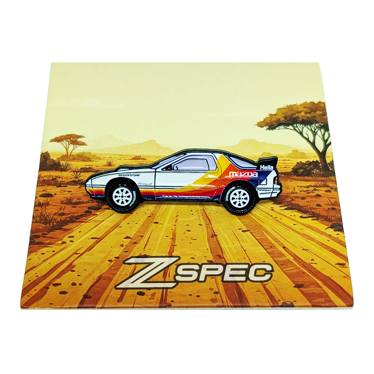 ZSPEC designed a pin to pay tribute to the Mazda FC3S RX-7 rally car. This was the Group-B inspired Pike's Peak famous rally car is embodied in this enamel pin.