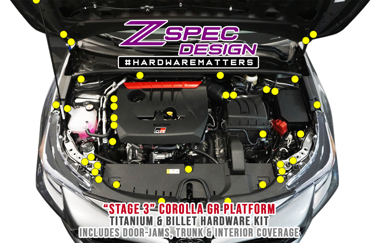 ZSPEC Stage-3 Dress Up Bolts® Fastener Kit for the GR Corolla, Titanium & Billet   Keywords Dress Up Bolts Hardware Show Quality Car Show Upgrade Performance Engine Bay Project Car Hobby Garage