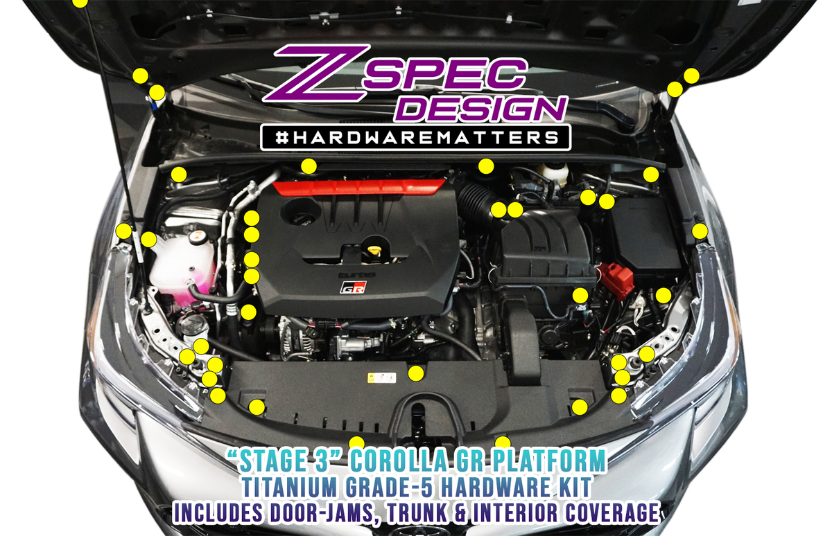 ZSPEC Stage-3 Dress Up Bolts® Fastener Kit for the GR Corolla, Titanium  Keywords Dress Up Bolts Hardware Show Quality Car Show Upgrade Performance Engine Bay Project Car Hobby Garage