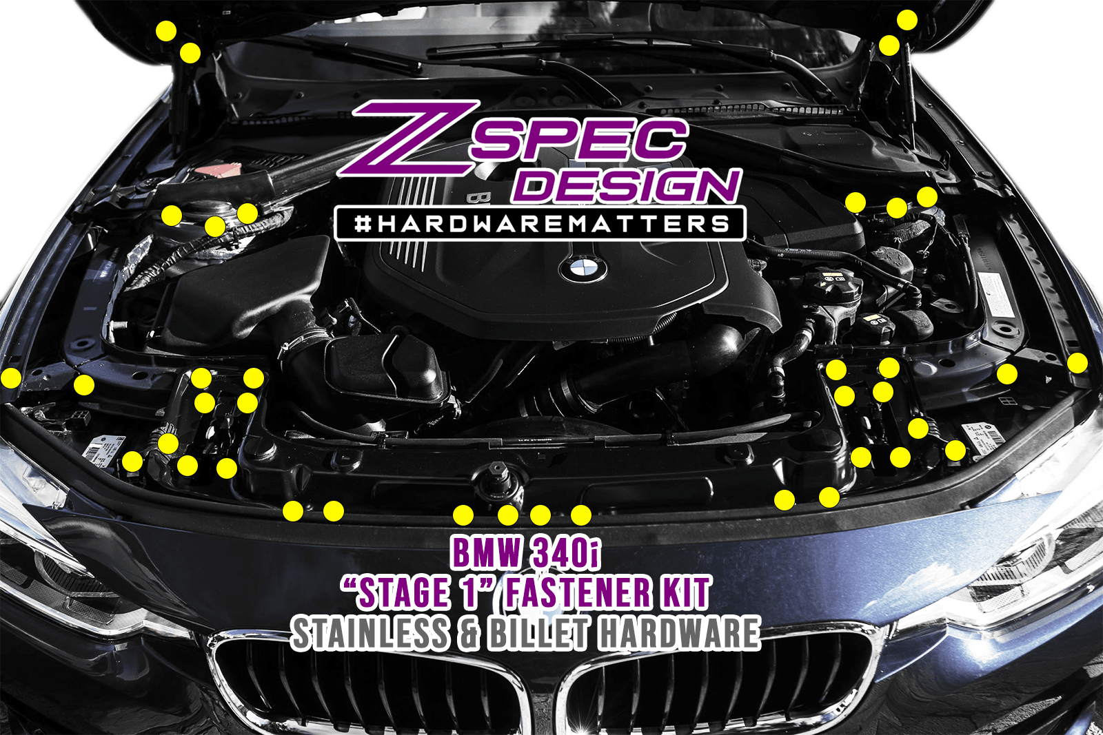 ZSPEC "Stage 2" Dress Up Bolts® Fastener Kit for '14-18 BMW 340i F34 3.0T is a ~130-piece dress-up hardware kit for the most visible fasteners.  Engine Bay Hardware Kit Dress Up Upgrade Performance