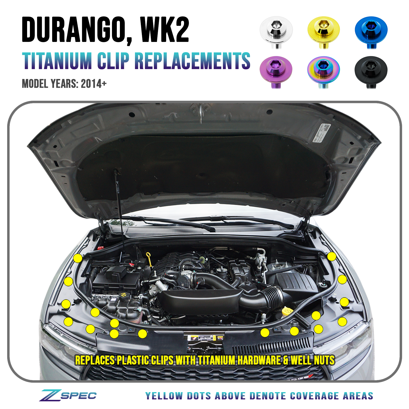 ZSPEC Dress Up Bolts® Titanium Clip-Replacements Fastener Kit for '14+ Dodge Durango - Grade-5 GR5 Hardware - ZSPEC Design