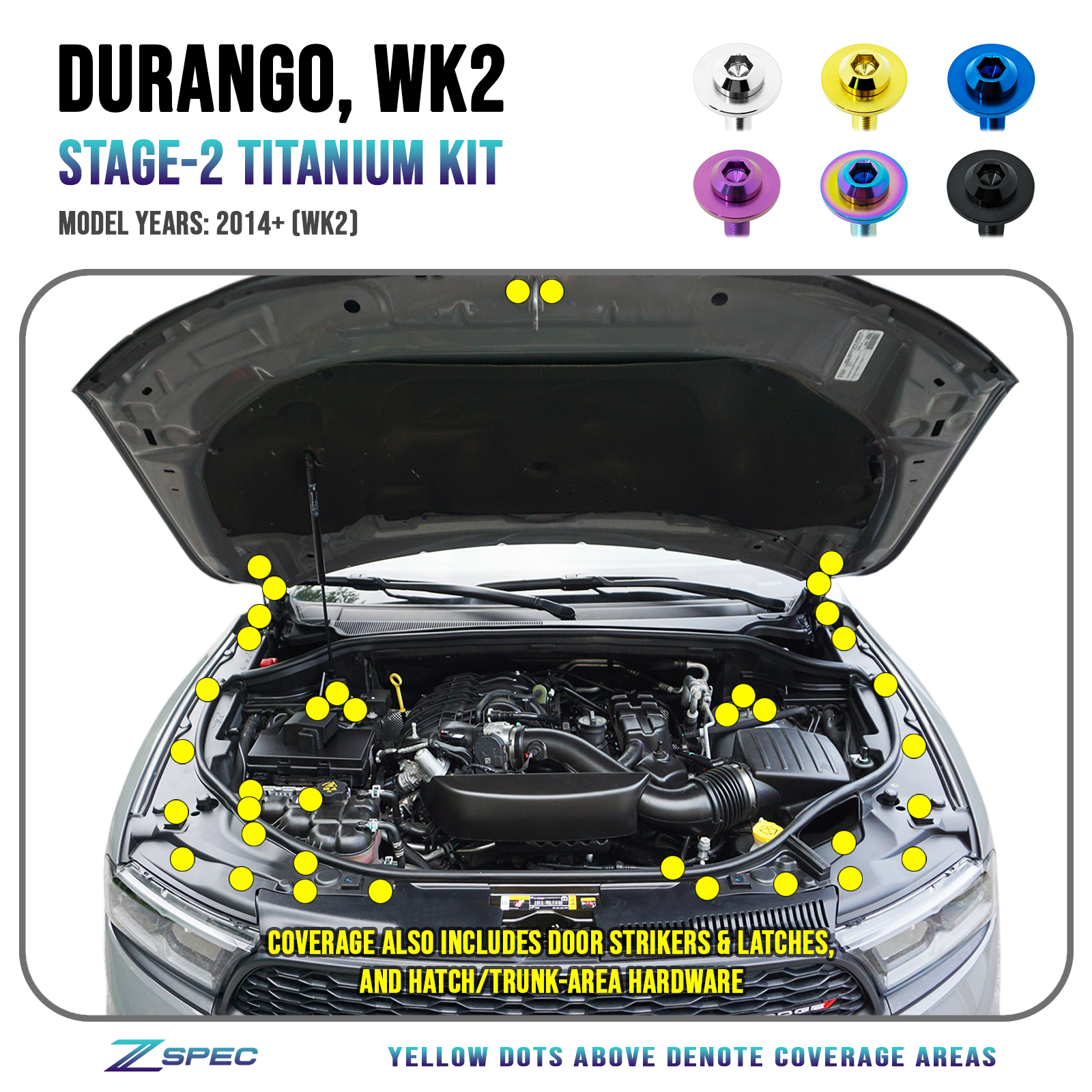 ZSPEC Dress Up Bolts® Stage-2 Titanium Fastener Kit for '11-23 Dodge Durango - Grade-5 GR5 Hardware - ZSPEC Design