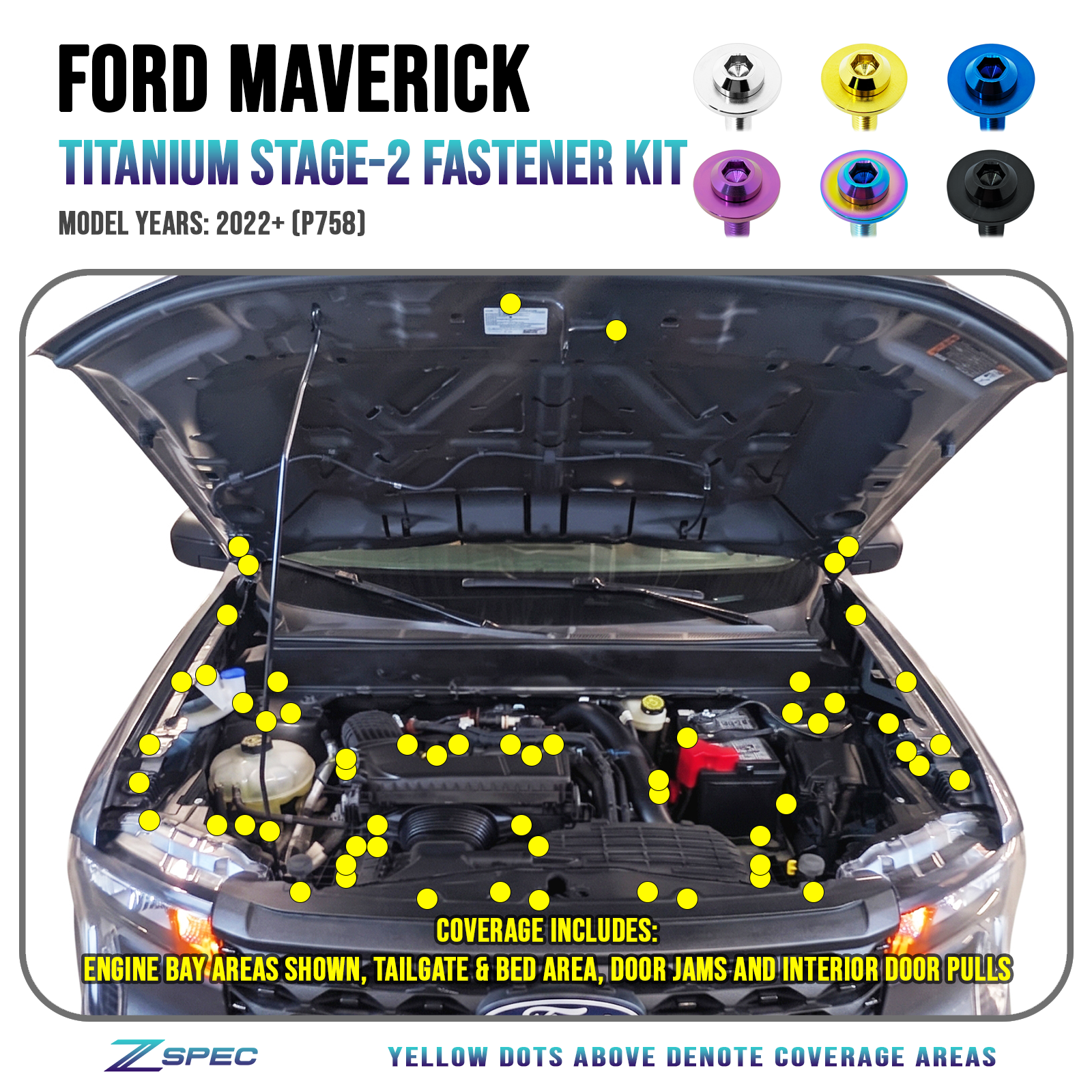 ZSPEC Stage-2 Fastener Kit for 2022+ Ford Maverick P758, Titanium - Dress Up Bolts Fasteners Hardware - ZSPEC Design LLC