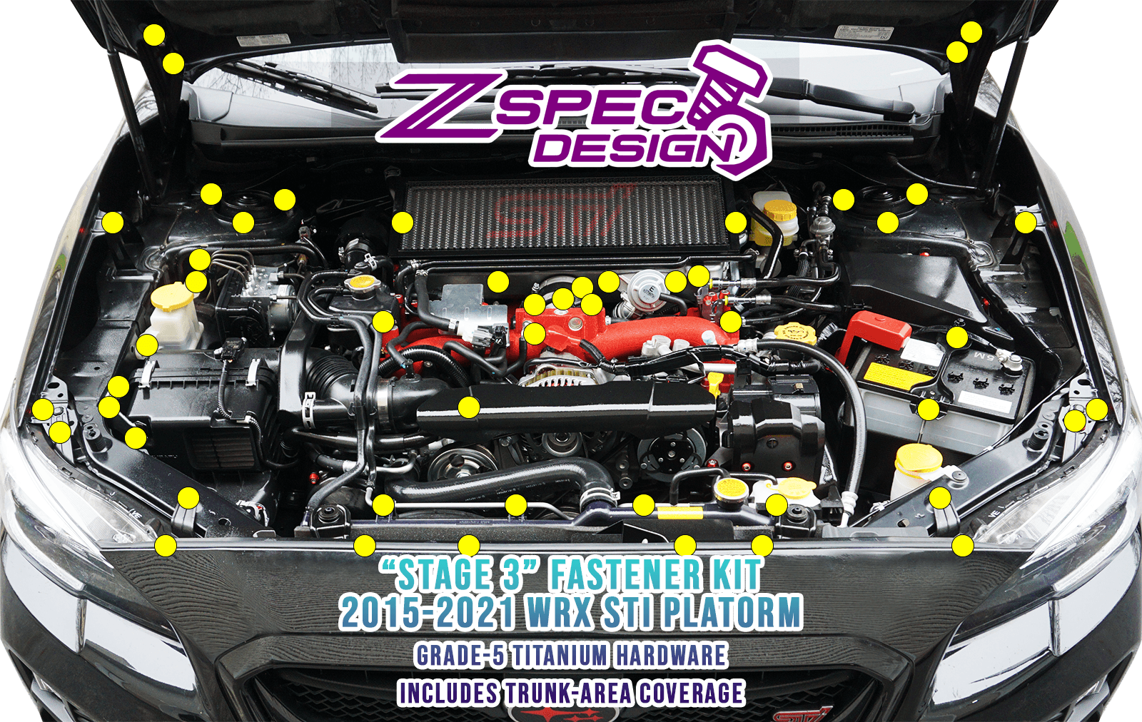 ZSPEC "Stage 3" Dress Up Bolts® Fastener Kit for '15-21 Subaru WRX & STI, Grade-5 Titanium - ZSPEC Design LLC - Hardware Fasteners - Fastener Kit, stage 3, sti, subaru wrx, Washer Color, wrx, wrx sti - zspecdesign.com