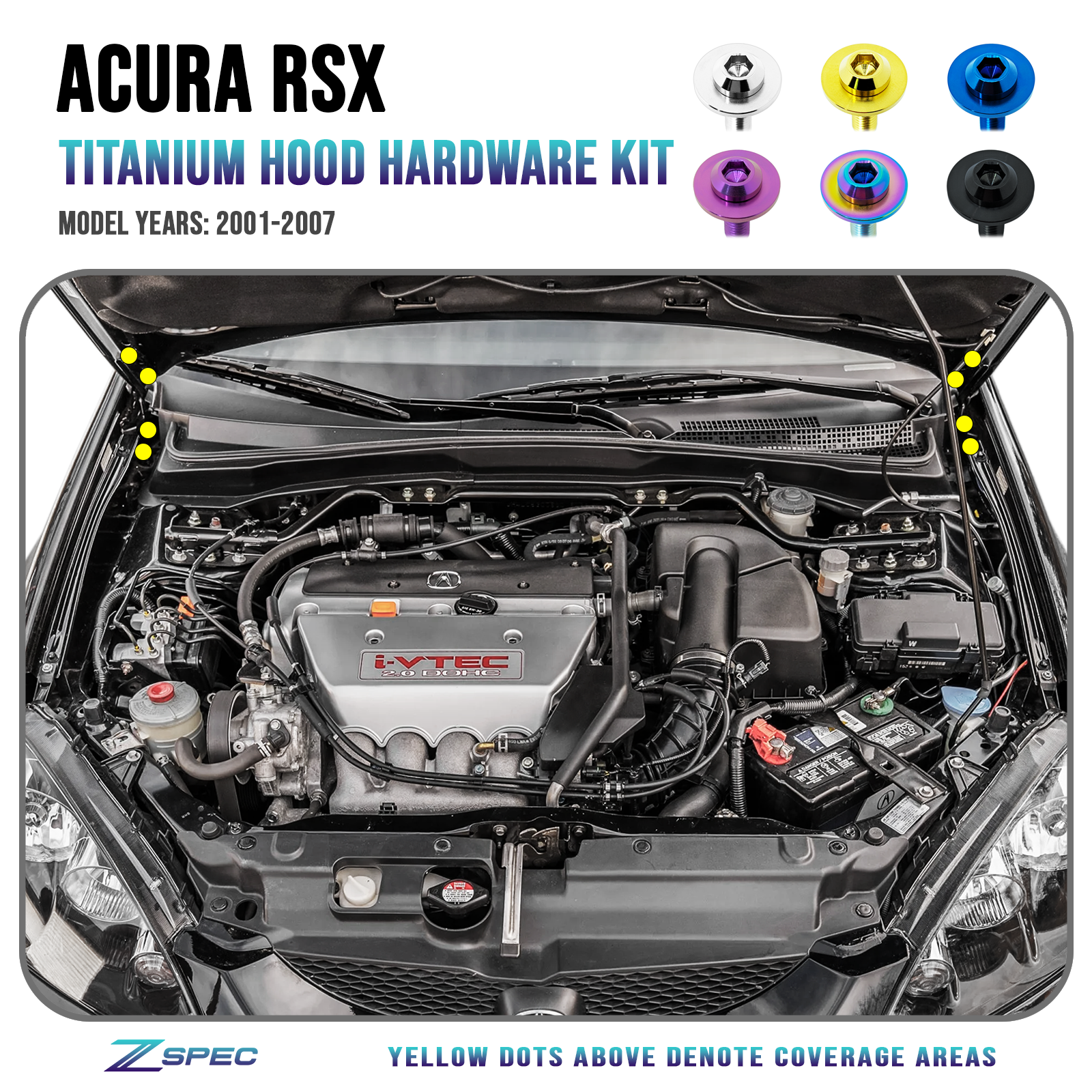 ZSPEC Hood Hardware Kit for 01-07 Acura RSX K20, Titanium Dress Up Hardware Bolts Grade-5 Fittings