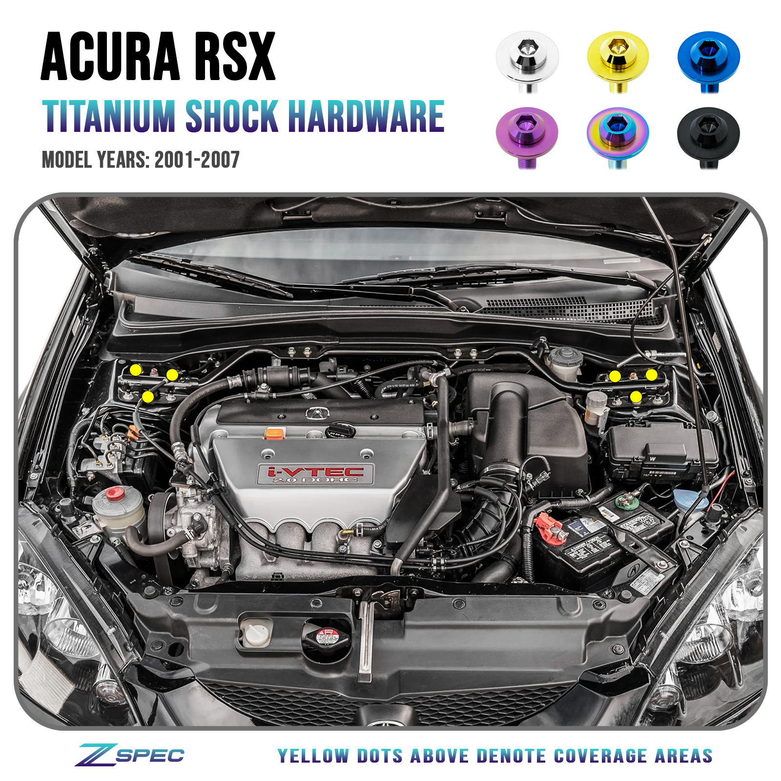 ZSPEC Front-Shocks Fastener Kit for 01-07 Acura RSX K20, Titanium Dress Up Bolts Hardware Grade-5 Fittings