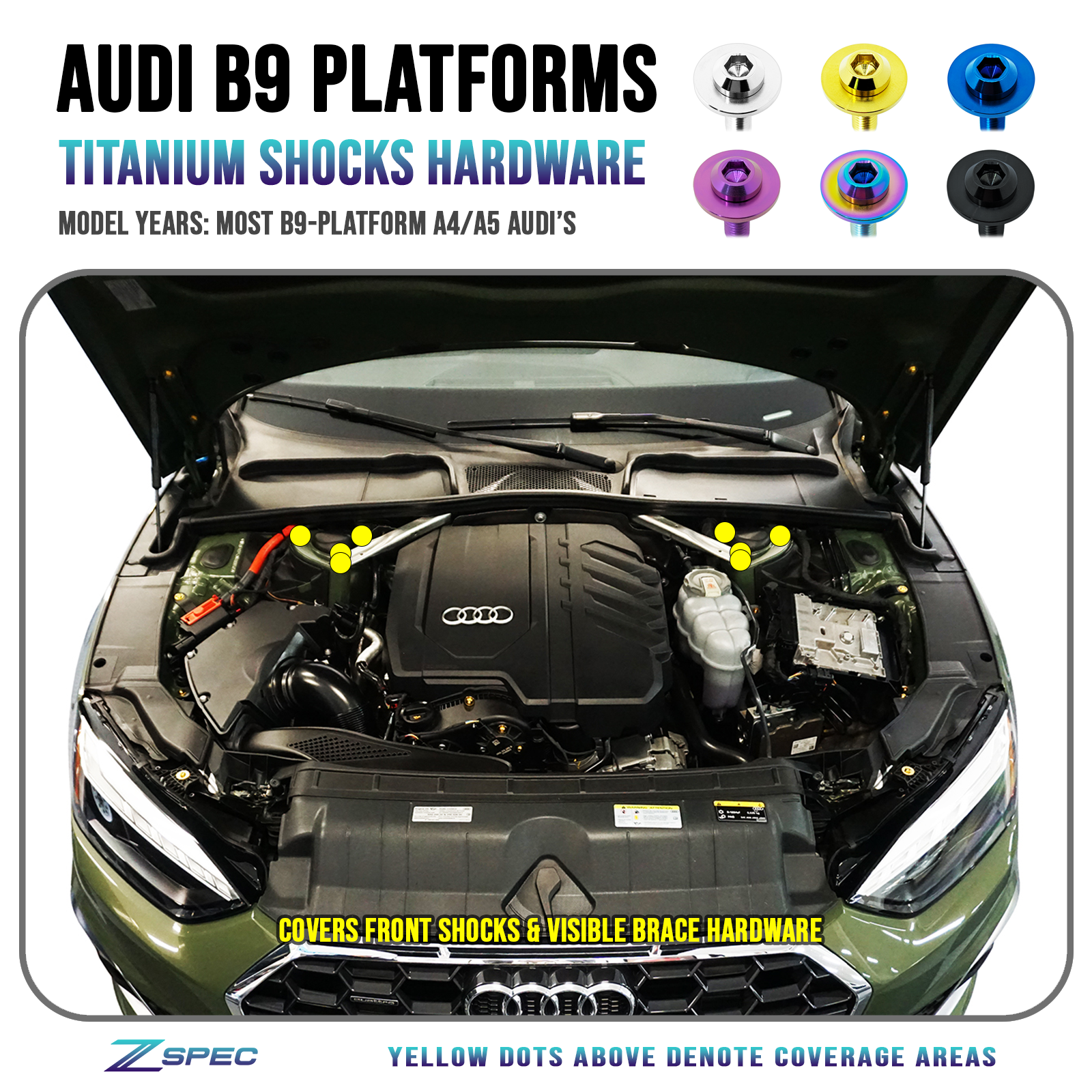 ZSPEC Hood & Hood Struts Hardware Kit for Audi B9 A4/A5, Titanium Dress Up Bolts Fasteners Washers Fittings