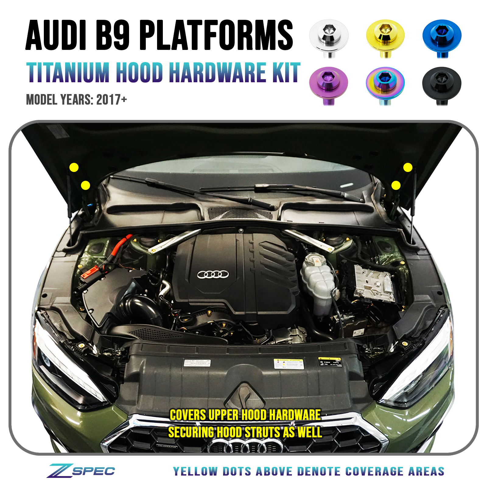 ZSPEC Hood & Hood Struts Hardware Kit for Audi B9 A4/A5, Titanium Dress Up Bolts Fasteners Washers Fittings