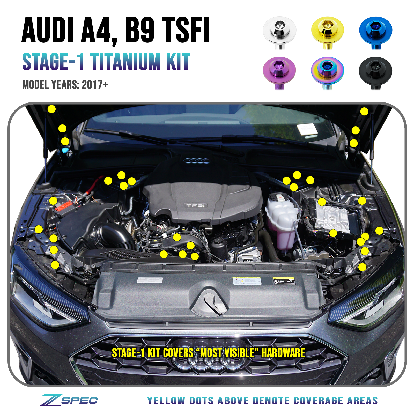 ZSPEC "Stage 1" Dress Up Bolts® Fastener Kit for '16-20 Audi A4 B9 2.0L, Titanium - ZSPEC Design LLC - Hardware Fasteners - a4, audi, b9, Fastener Kit, stage 1 - zspecdesign.com