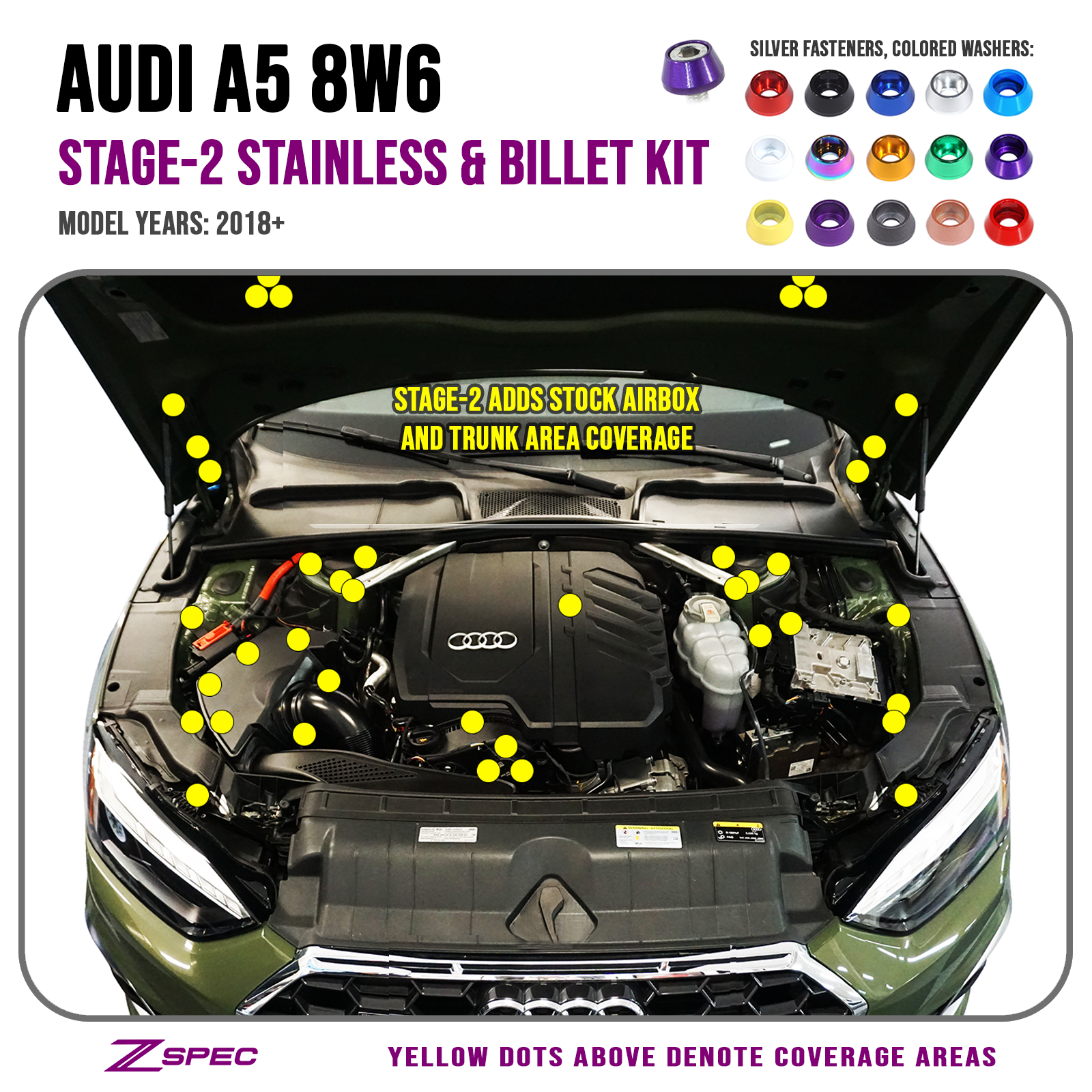 ZSPEC "Stage 2" Dress Up Bolts® Fastener Kit for '18-22+ Audi A5 8W6 2.0L, Stainless & Billet - ZSPEC Design LLC - Hardware Fasteners - 8w6, a5, a5 8w6, audi, Fastener Kit, stage 2 - zspecdesign.com