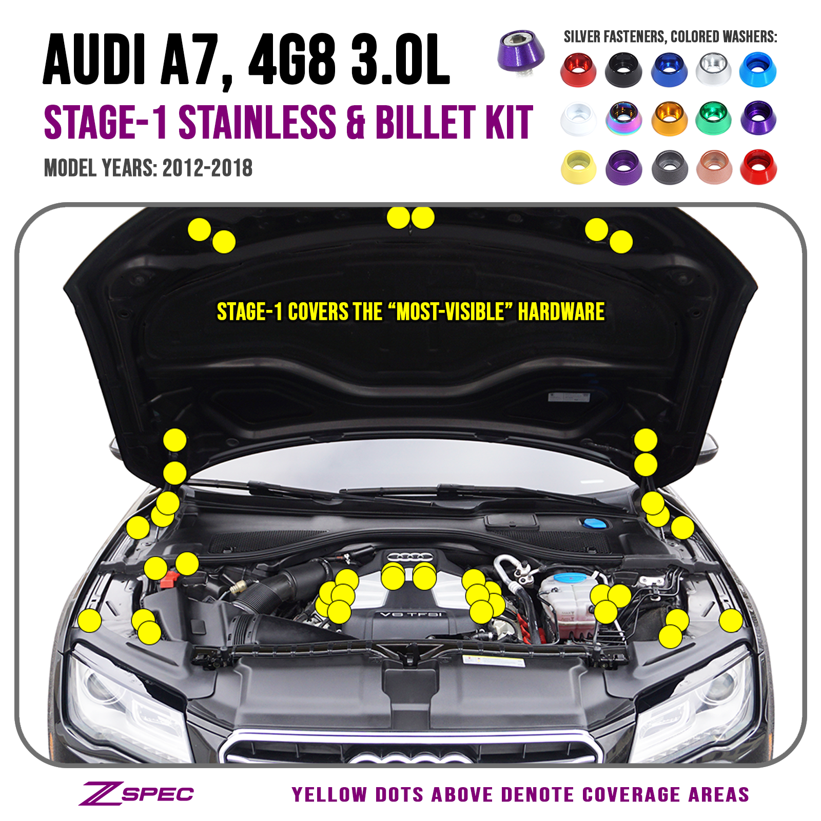 ZSPEC "Stage 1" Dress Up Bolts® Fastener Kit for '12-18 Audi A7 4G8 3.0L, Stainless & Billet - ZSPEC Design LLC - Hardware Fasteners - 4g8, a7, a7 4g8, audi, Fastener Kit, stage 1 - zspecdesign.com