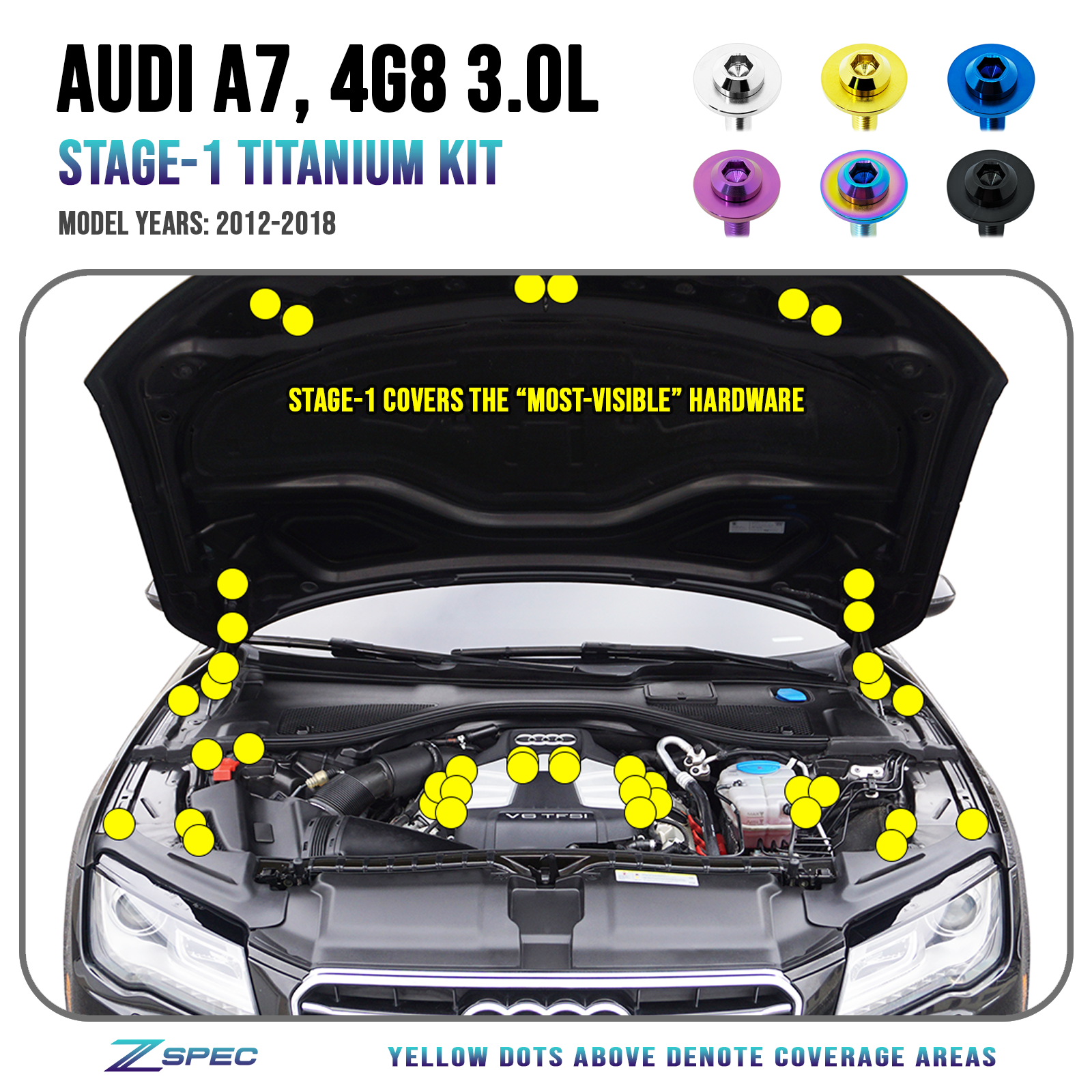 ZSPEC "Stage 1" Dress Up Bolts® Fastener Kit for '12-18 Audi A7 4G8 3.0L, Titanium - ZSPEC Design LLC - Hardware Fasteners - 4g8, a7, a7 4g8, audi, Fastener Kit, stage 1 - zspecdesign.com