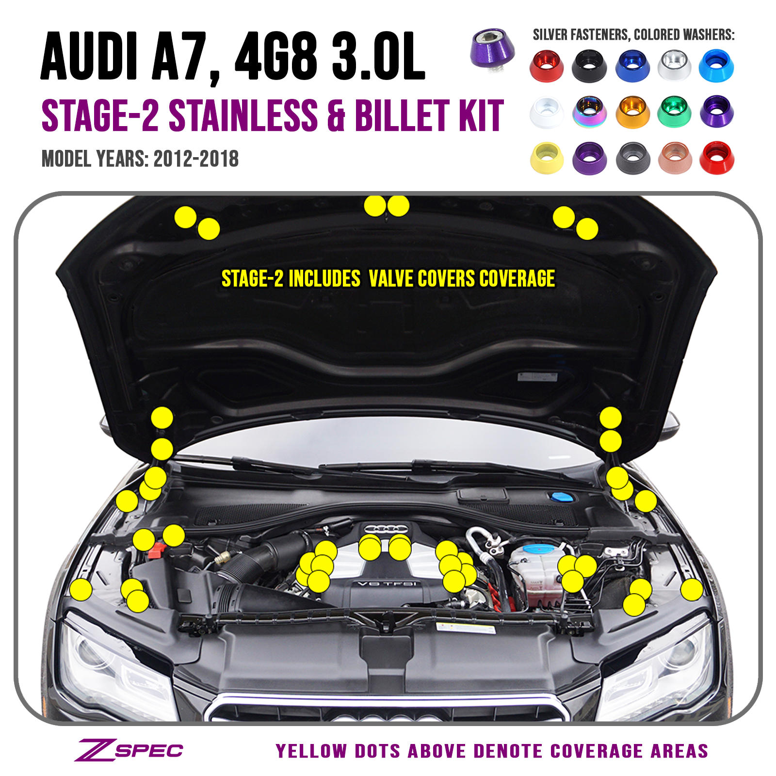 ZSPEC "Stage 2" Dress Up Bolts® Fastener Kit for '12-18 Audi A7 4G8 3.0L, Stainless & Billet - ZSPEC Design LLC - Hardware Fasteners - 4g8, a7, a7 4g8, audi, Fastener Kit, stage 2 - zspecdesign.com