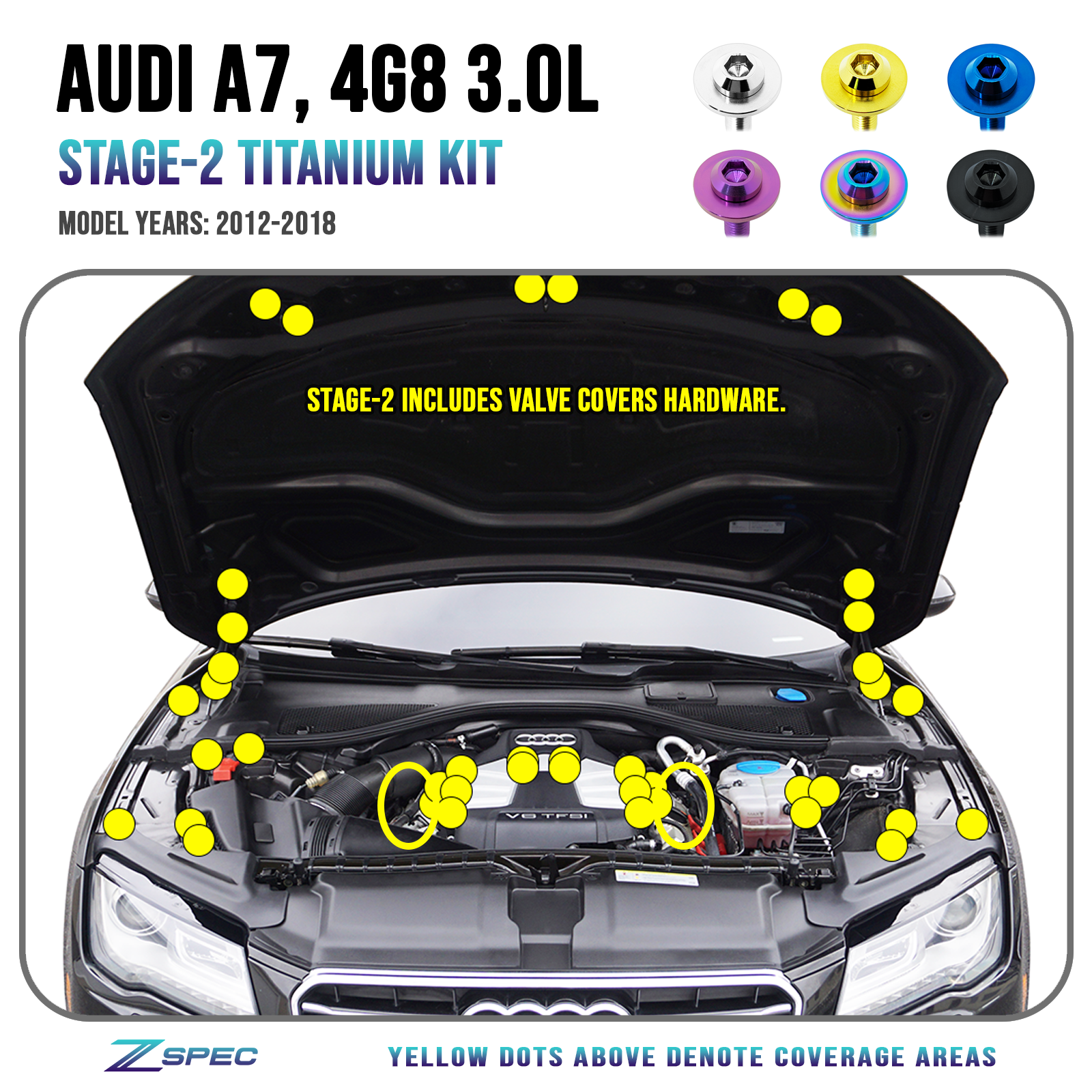 ZSPEC "Stage 2" Dress Up Bolts® Fastener Kit for '12-18 Audi A7 4G8 3.0L, Titanium - ZSPEC Design LLC - Hardware Fasteners - 4g8, a7, a7 4g8, audi, Fastener Kit, stage 2 - zspecdesign.com