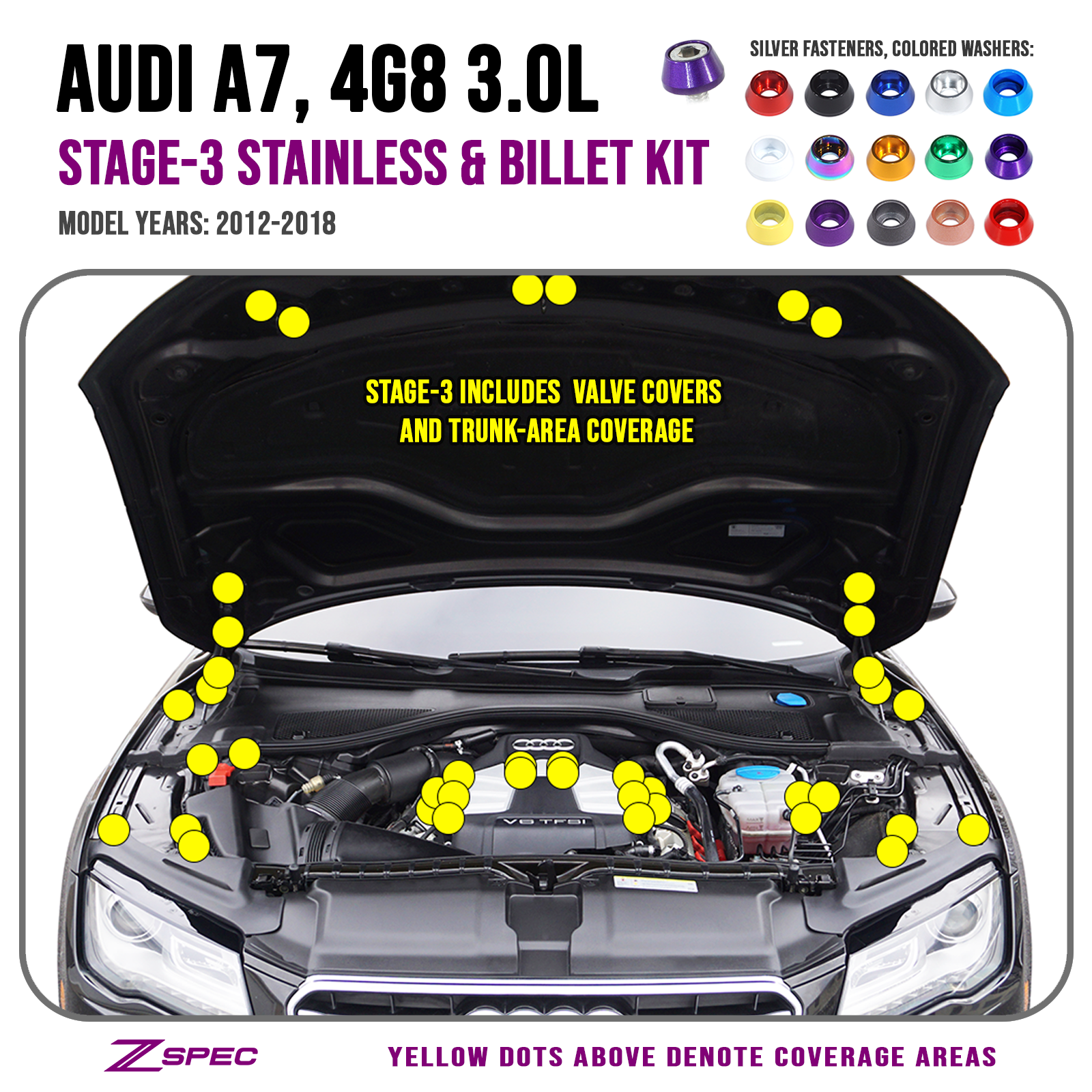 ZSPEC "Stage 3" Dress Up Bolts® Fastener Kit for '12-18 Audi A7 4G8 3.0L, Stainless & Billet - ZSPEC Design LLC - Hardware Fasteners - 4g8, a7, a7 4g8, audi, Fastener Kit, stage 3 - zspecdesign.com