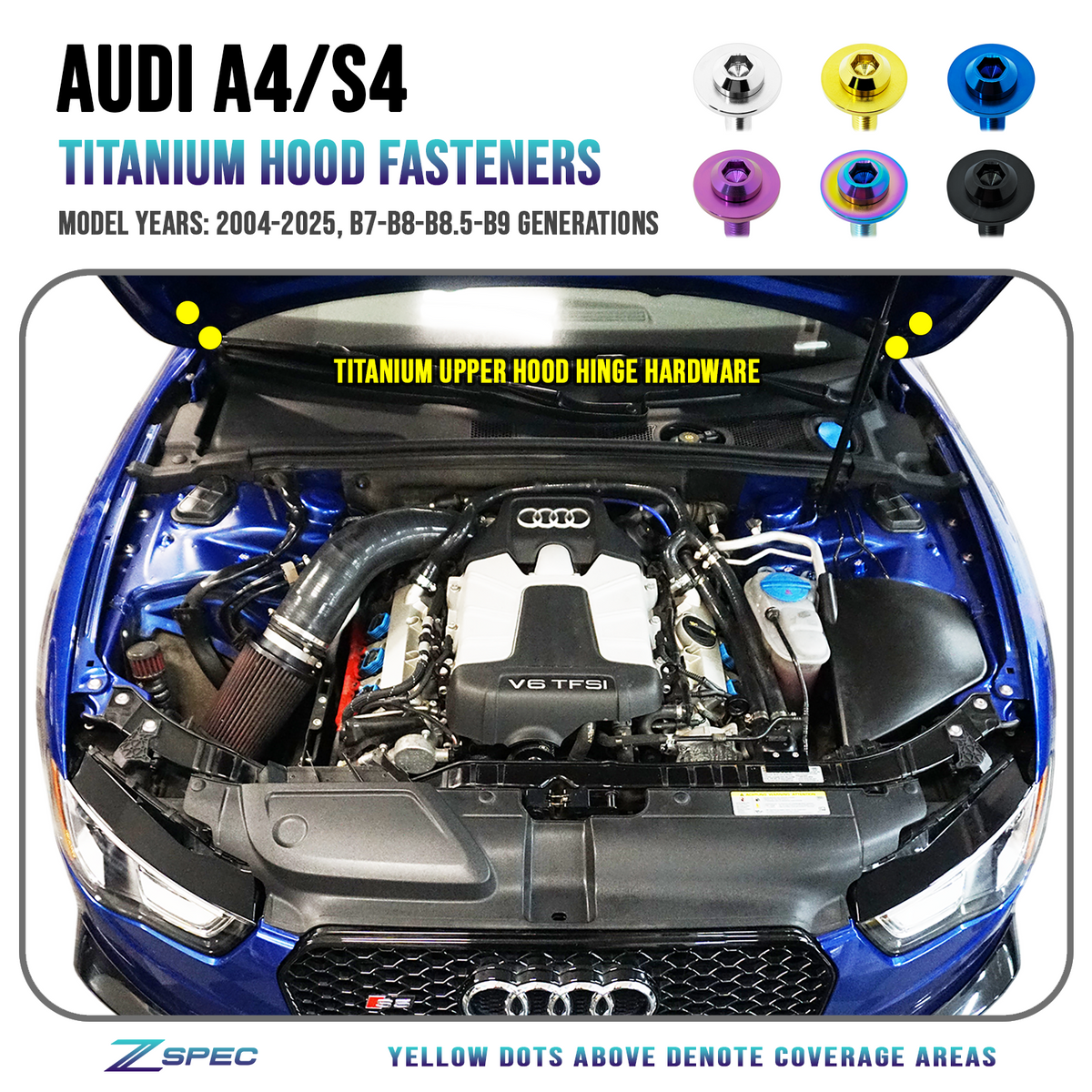 ZSPEC Hood-Hardware Kit for Audi A4/S4 B7/B8/B8.5/B9 Models, Titanium