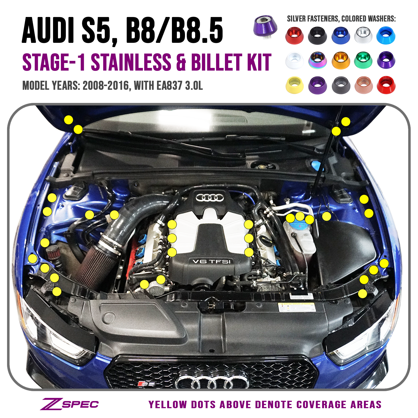ZSPEC "Stage 1" Dress Up Bolts® Fastener Kit for Audi S5 B8 3.0L, Stainless & Billet - ZSPEC Design LLC - Hardware Fasteners - a5, audi, b8, b8.5, ea837, Fastener Kit, s5, stage 1 - zspecdesign.com