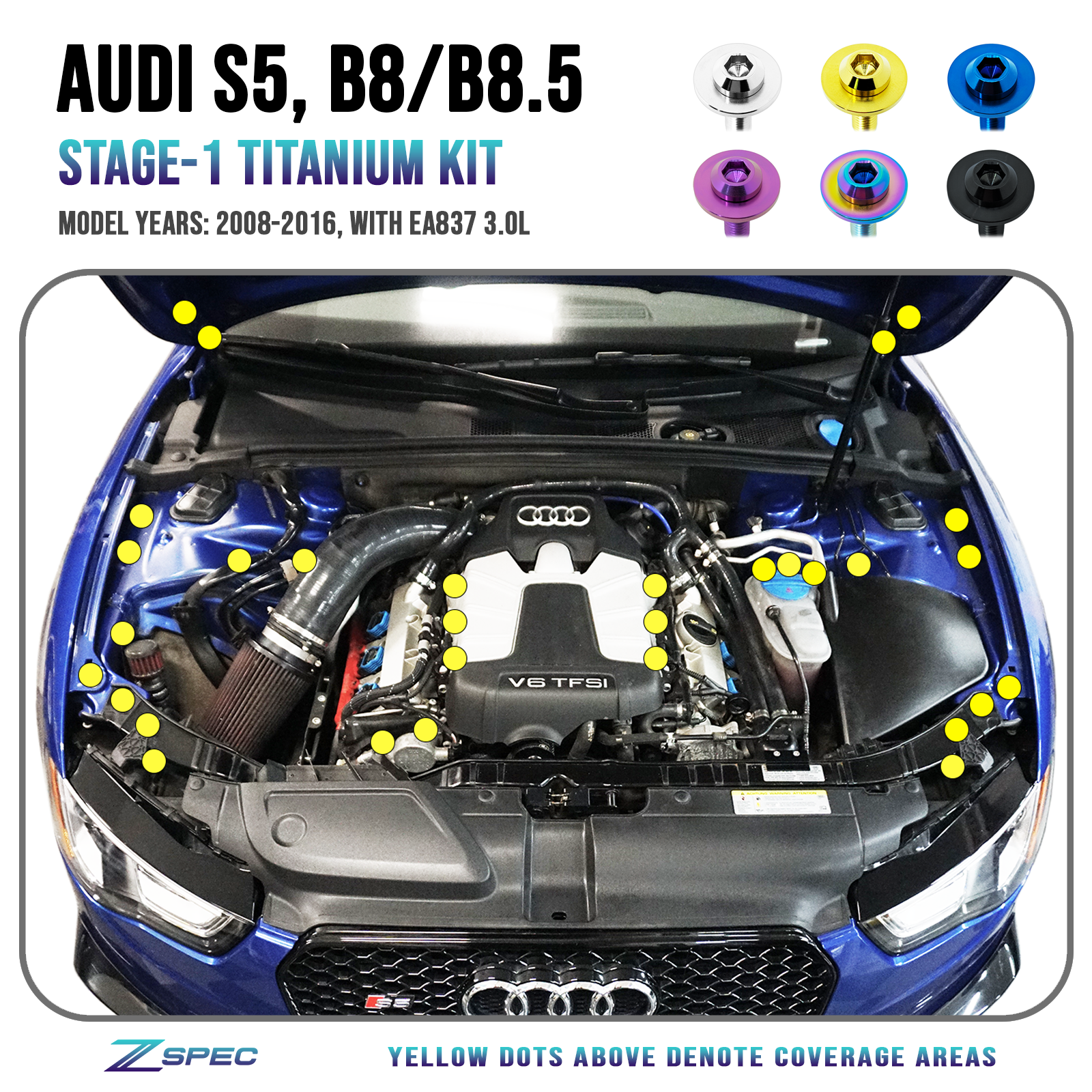 ZSPEC "Stage 1" Dress Up Bolts® Fastener Kit for Audi S5 B8 EA837 3.0L, Titanium - ZSPEC Design LLC - Hardware Fasteners - a5, audi, b8, b8.5, ea837, Fastener Kit, s5, stage 1 - zspecdesign.com