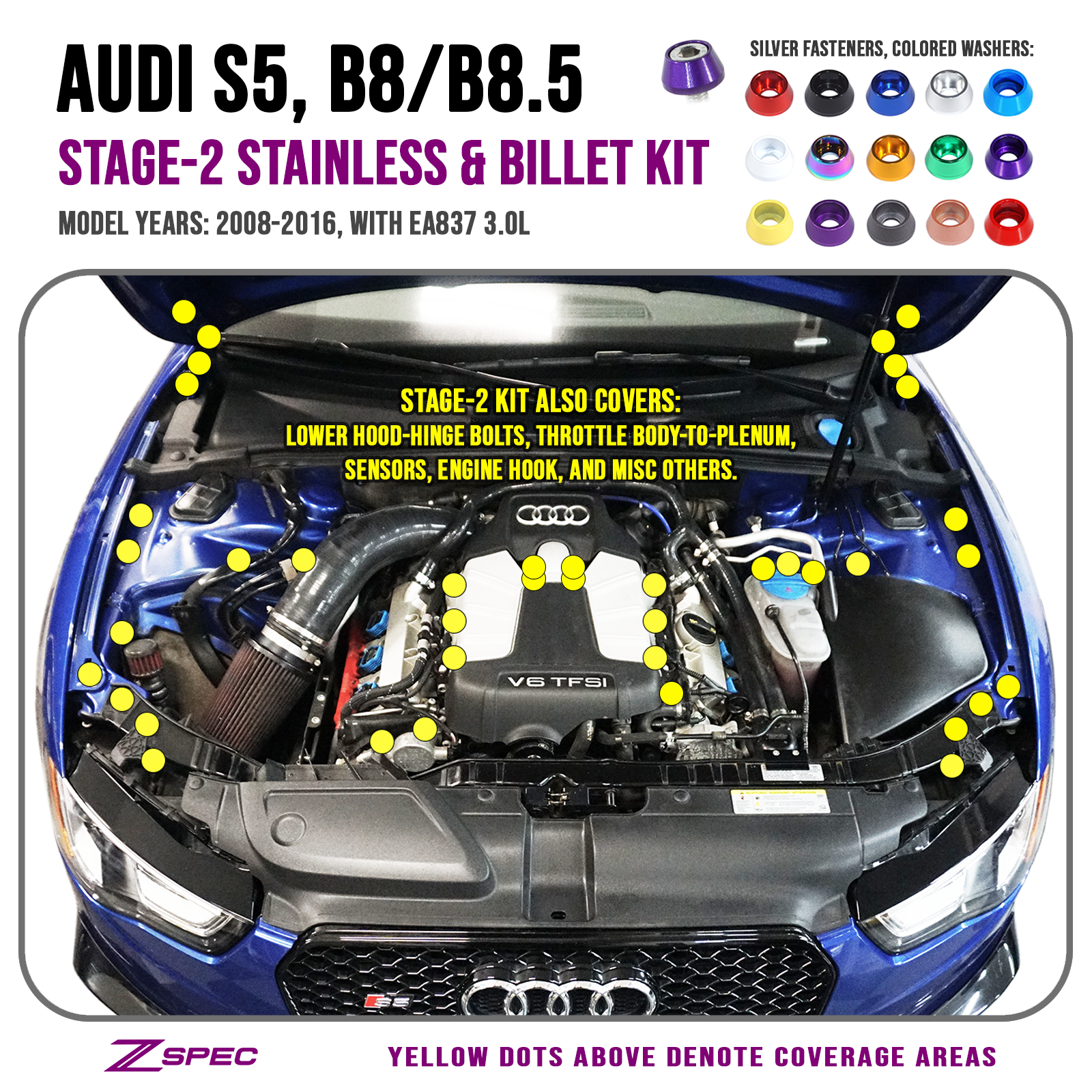 ZSPEC "Stage 2" Dress Up Bolts® Fastener Kit for Audi S5 B8 3.0L, Stainless & Billet - ZSPEC Design LLC - Hardware Fasteners - a5, audi, b8, b8.5, ea837, Fastener Kit, s5, stage 2 - zspecdesign.com