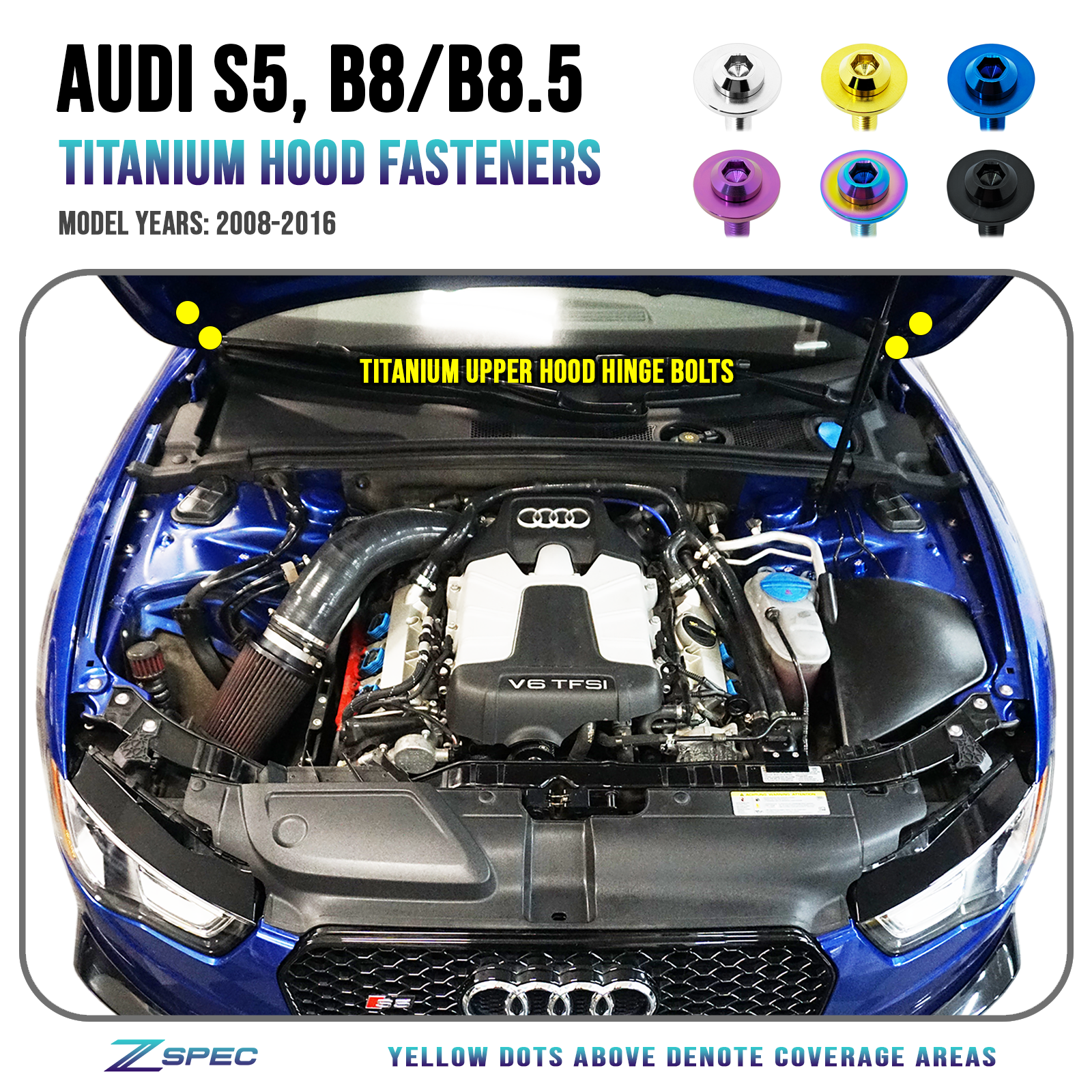 ZSPEC Hood-Hardware Kit for Audi A5/S5 B8/8.5 Models, Titanium Dress Up Bolts Washers Fasteners Grade-5 GR5