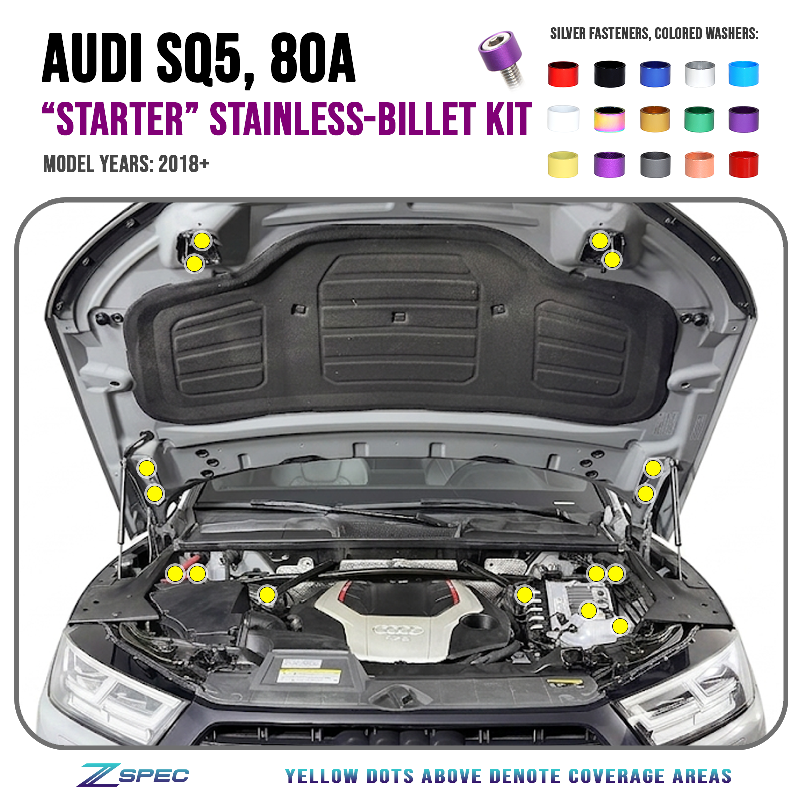 ZSPEC "Starter" Dress Up Bolts® Fastener Kit for Audi SQ5 80A, Stainless  Steel Fasteners & Colored Billet Finish Washers