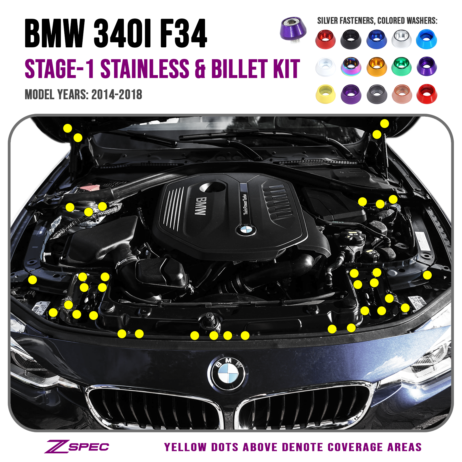 ZSPEC "Stage 1" Dress Up Bolts® Fastener Kit for '14-18 BMW 340i F34 3.0T, Stainless & Billet - ZSPEC Design LLC - Hardware Fasteners - 435i, bmw, F32, Fastener Kit, stage 1 - zspecdesign.com