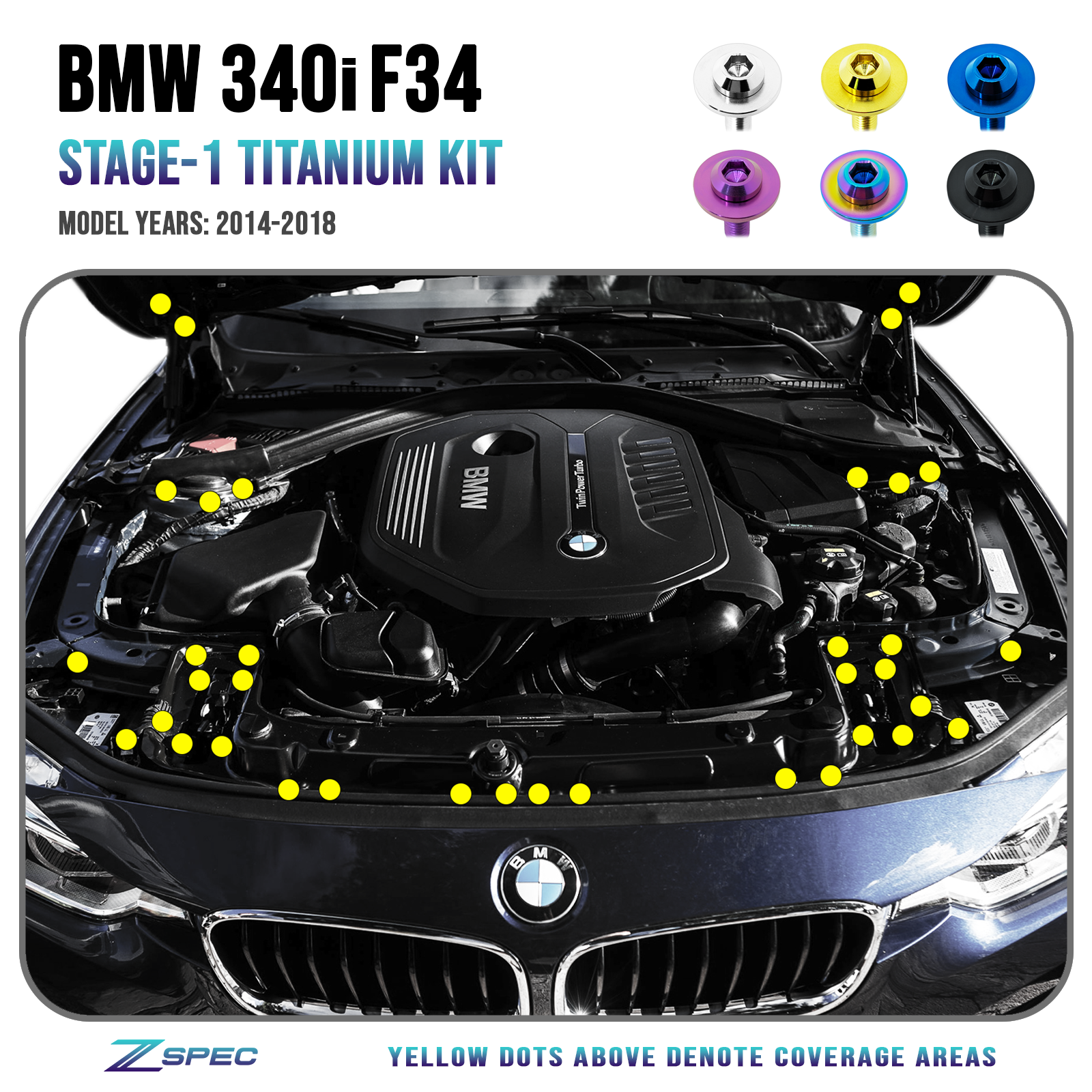ZSPEC "Stage 1" Dress Up Bolts® Fastener Kit for '14-18 BMW 340i F34 3.0T, Titanium - ZSPEC Design LLC - Hardware Fasteners - 435i, bmw, F32, Fastener Kit, stage 1 - zspecdesign.com