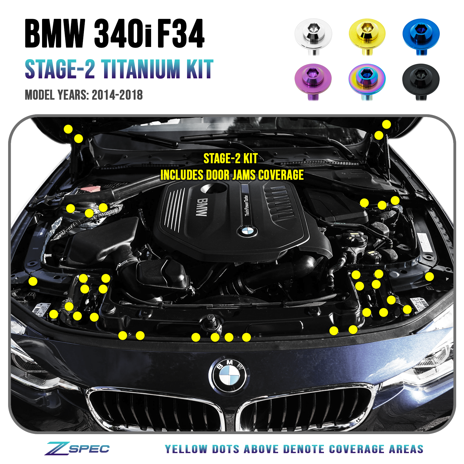 ZSPEC "Stage 2" Dress Up Bolts® Fastener Kit for '14-18 BMW 340i F34 3.0T, Titanium - ZSPEC Design LLC - Hardware Fasteners - 435i, bmw, F32, Fastener Kit, stage 2 - zspecdesign.com