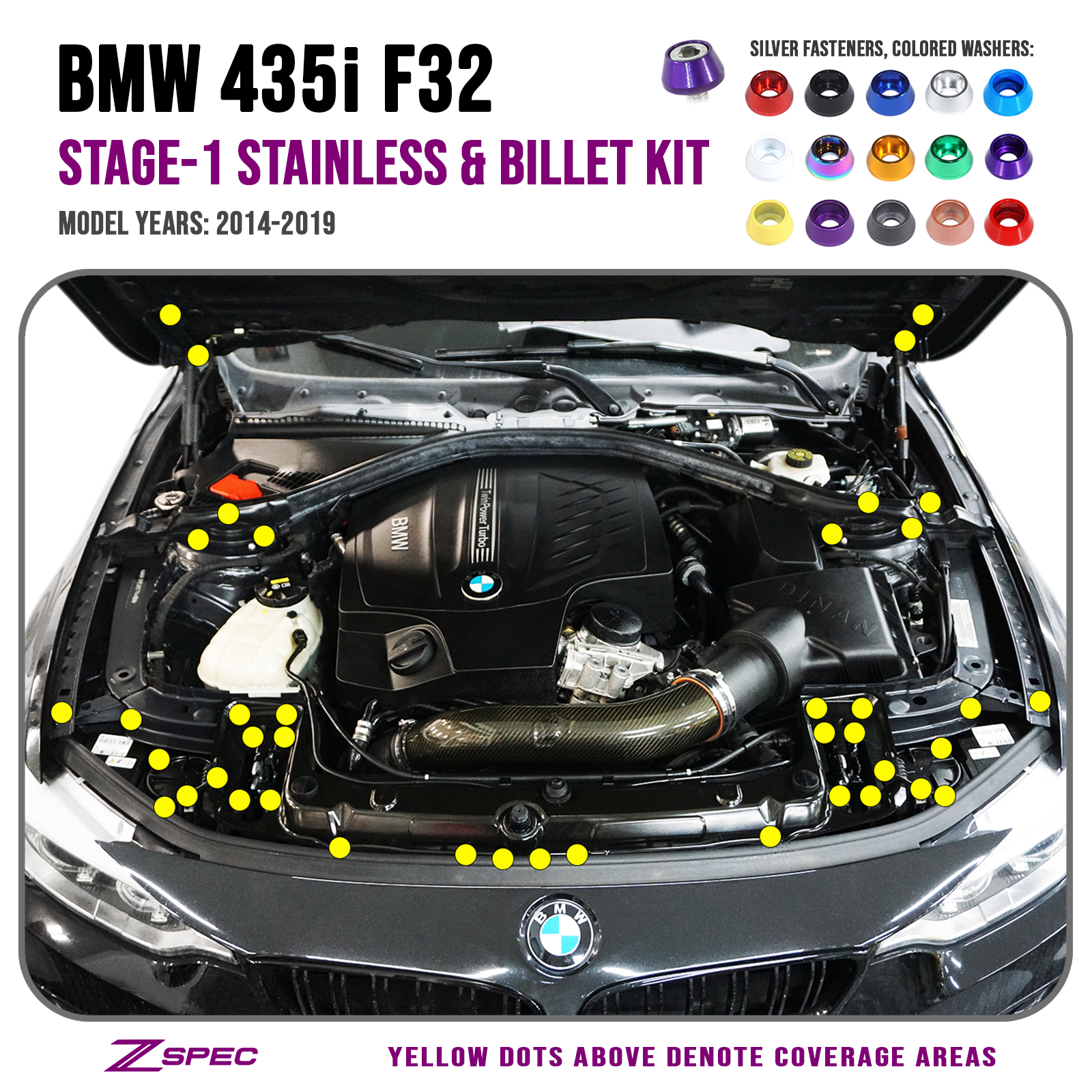 ZSPEC "Stage 1" Dress Up Bolts® Fastener Kit for '14-19 BMW 435i F32 3.0T, Stainless & Billet - ZSPEC Design LLC - Hardware Fasteners - 435i, bmw, F32, Fastener Kit, stage 1 - zspecdesign.com