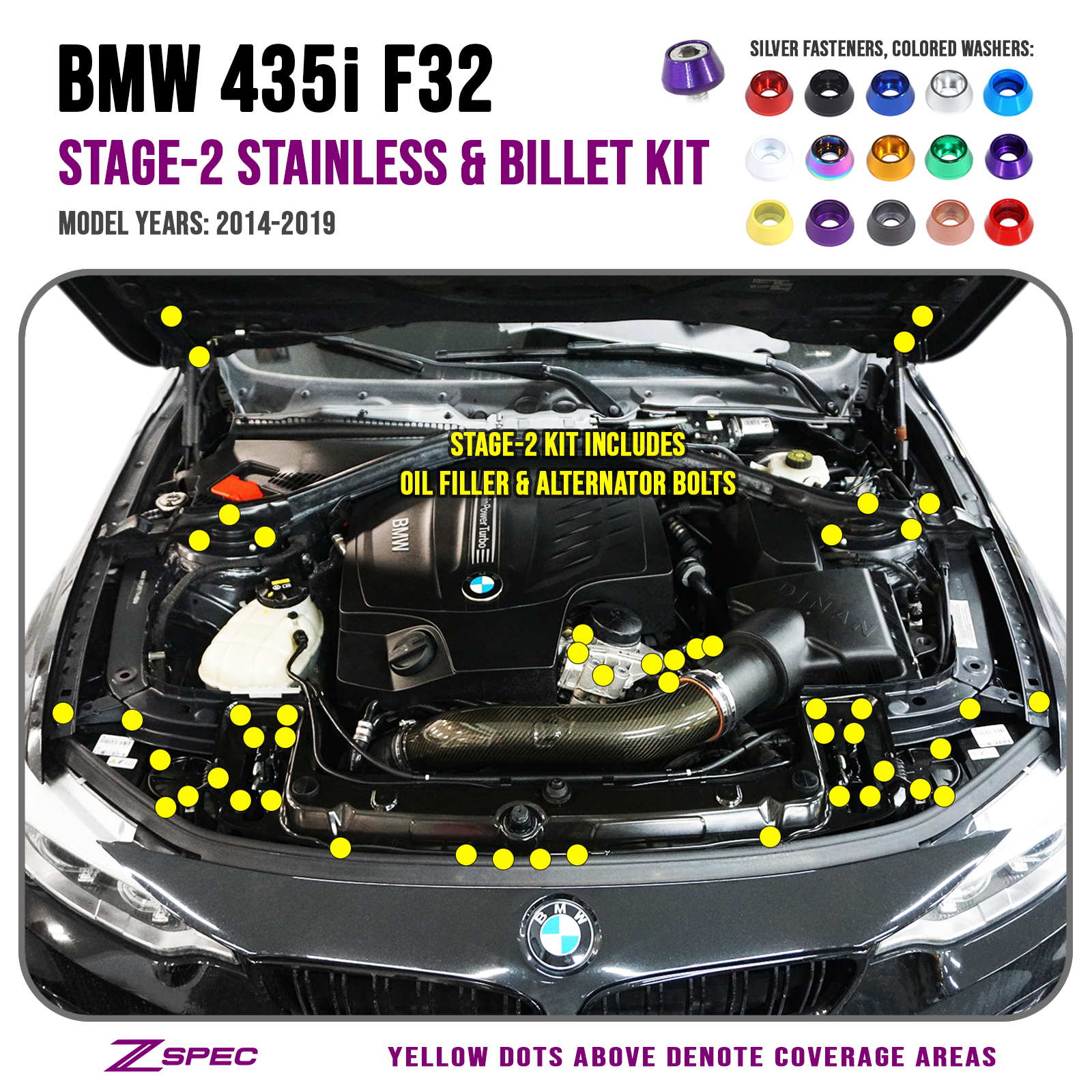 ZSPEC "Stage 2" Dress Up Bolts® Fastener Kit for '14-19 BMW 435i F32 3.0T, Stainless & Billet - ZSPEC Design LLC - Hardware Fasteners - 435i, bmw, F32, Fastener Kit, stage 2 - zspecdesign.com