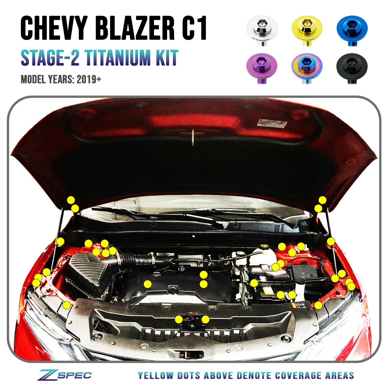 ZSPEC "Stage 2" Dress Up Bolts® Fastener Kit for '19+ Chevy Blazer C1, Grade-5 Titanium - ZSPEC Design LLC - Hardware Fasteners - blazer, chevrolet, chevy, ecotek, Fastener Kit, stage 2 - zspecdesign.com