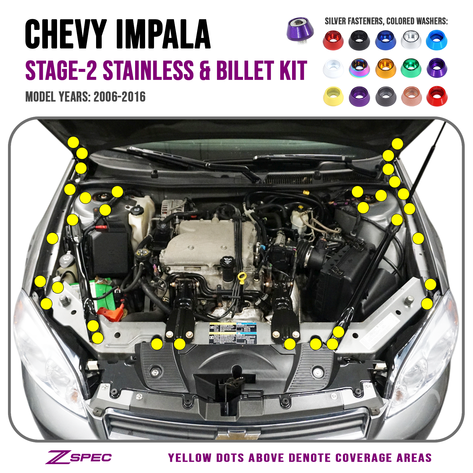 ZSPEC "Stage 2" Dress Up Bolts® Fastener Kit for '06-16 Chevy Impala, Stainless & Billet - ZSPEC Design LLC - Hardware Fasteners - camaro, chevrolet, chevy, Fastener Kit, SS V8, stage 2 - zspecdesign.com