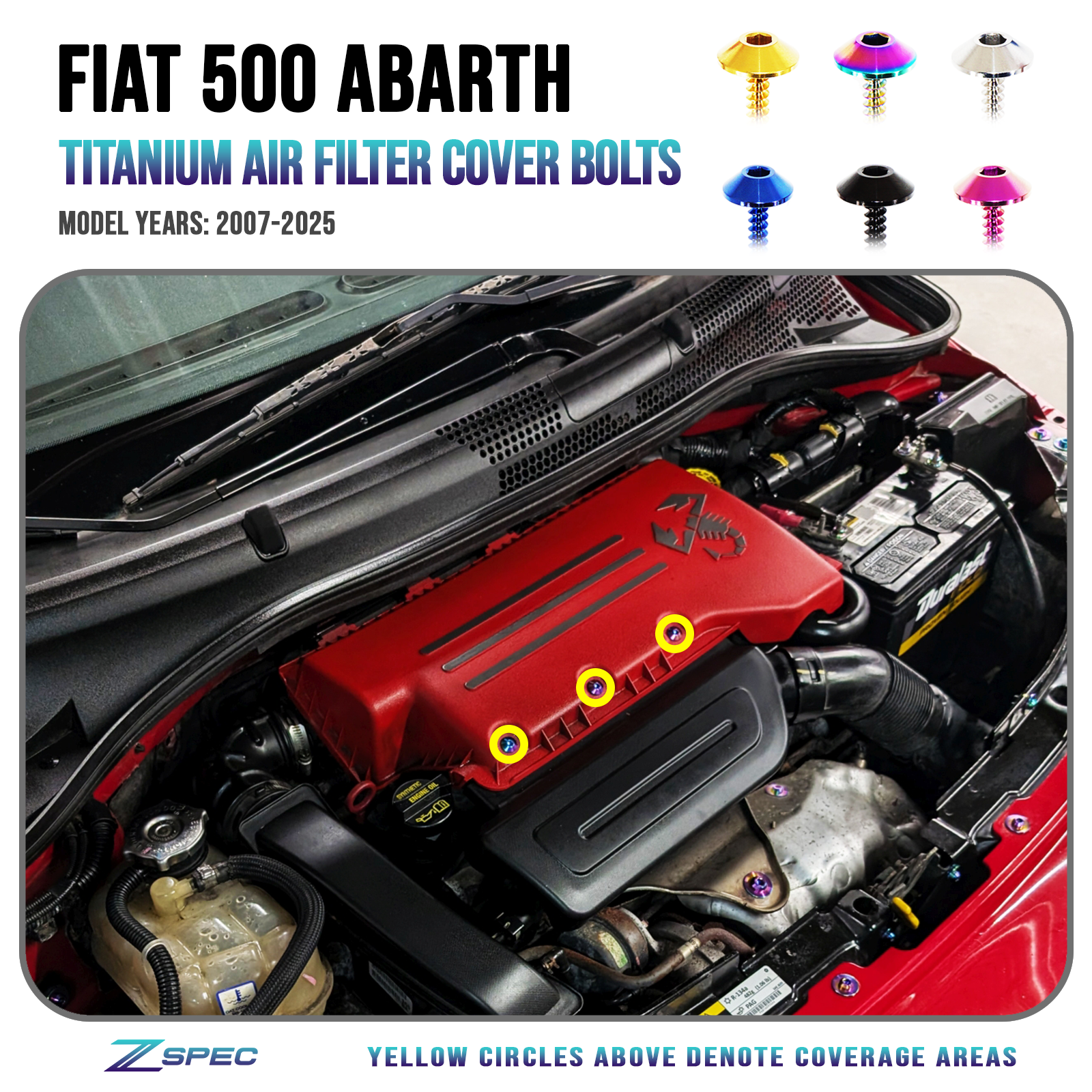 ZSPEC Staged Dress Up Bolts Fastener Hardware Kit for '07-25 Fiat 500 & Abarth Titanium Grade-5 - ZSPEC Design LLC