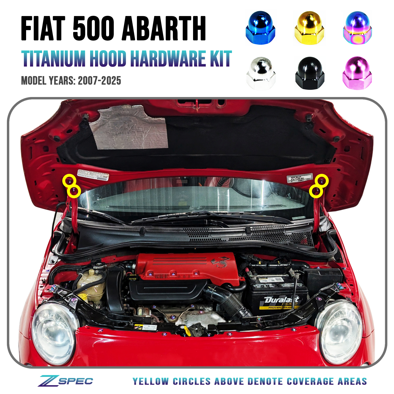 ZSPEC Titanium Dress Up Acorn Nuts & Washers Hood Hardware Kit for the '07-25 Fiat 500 & Abarth - ZSPEC Design LLC