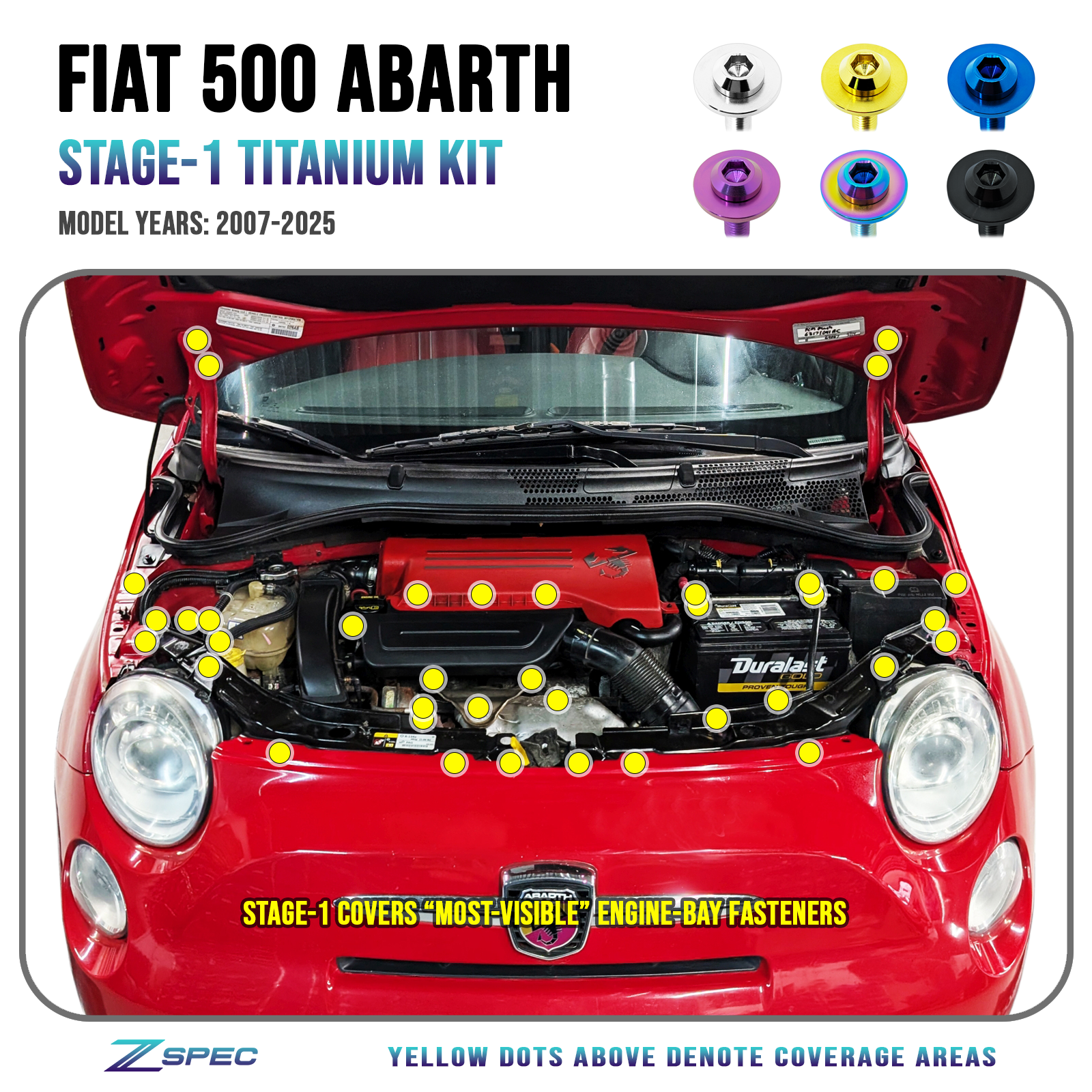 ZSPEC Staged Dress Up Bolts Fastener Hardware Kit for '07-25 Fiat 500 & Abarth Titanium Grade-5 - ZSPEC Design LLC