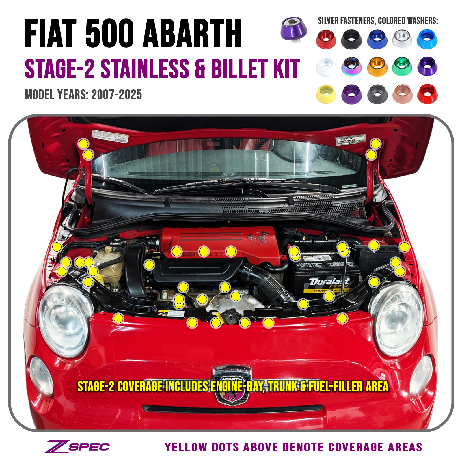 ZSPEC Stage-2 Hardware Kit, Fiat 500 & Abarth, Stainless & Billet Dress Up Bolts Washers Hardware - ZSPEC Design LLC