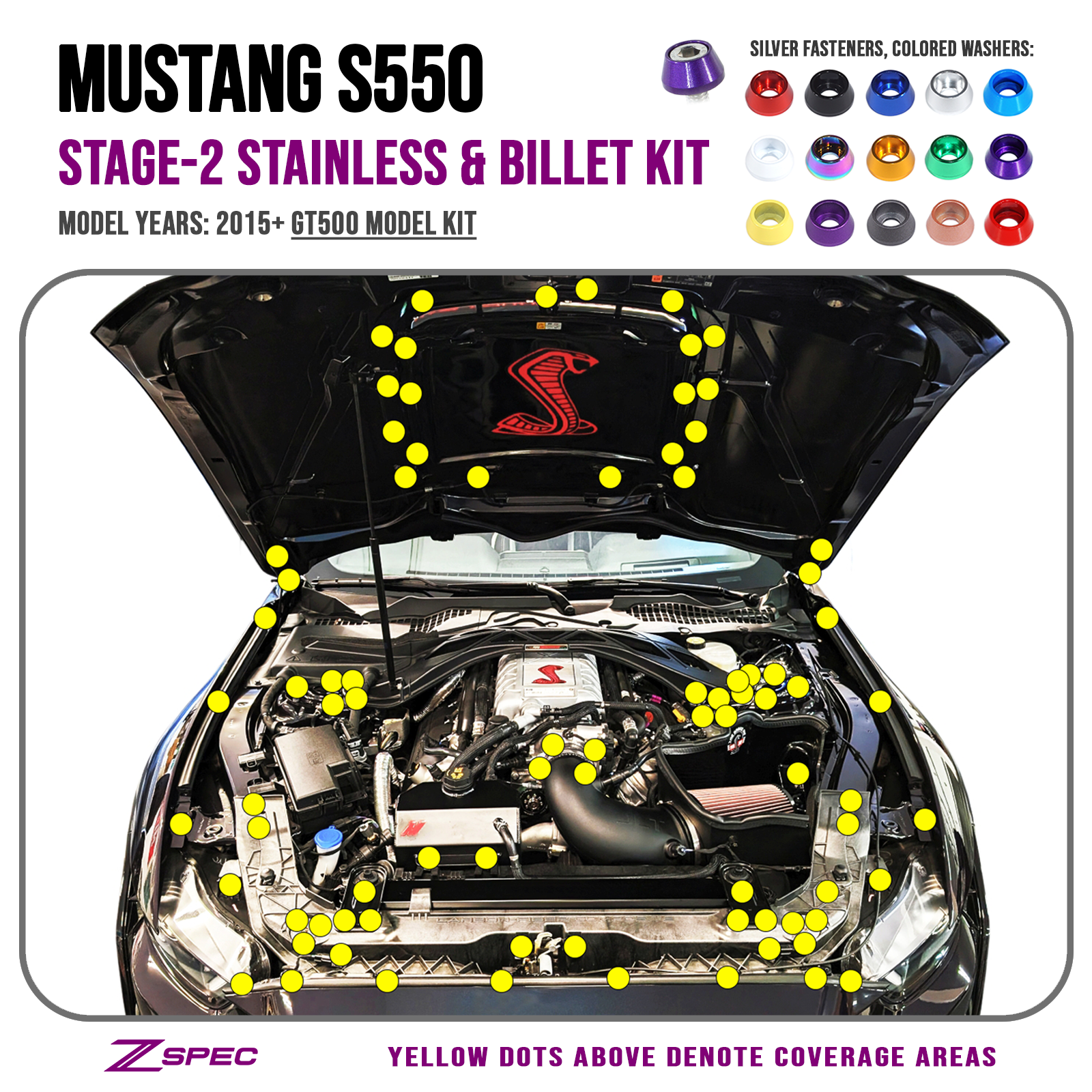 ZSPEC Stage-2 Dress Up Bolts® Fastener Kit for '15-23 Ford Mustang GT500 S550, Stainless & Billet - ZSPEC Design LLC - Hardware Fasteners - Fastener Kit, ford, mustang, s550, stage 2 - zspecdesign.com