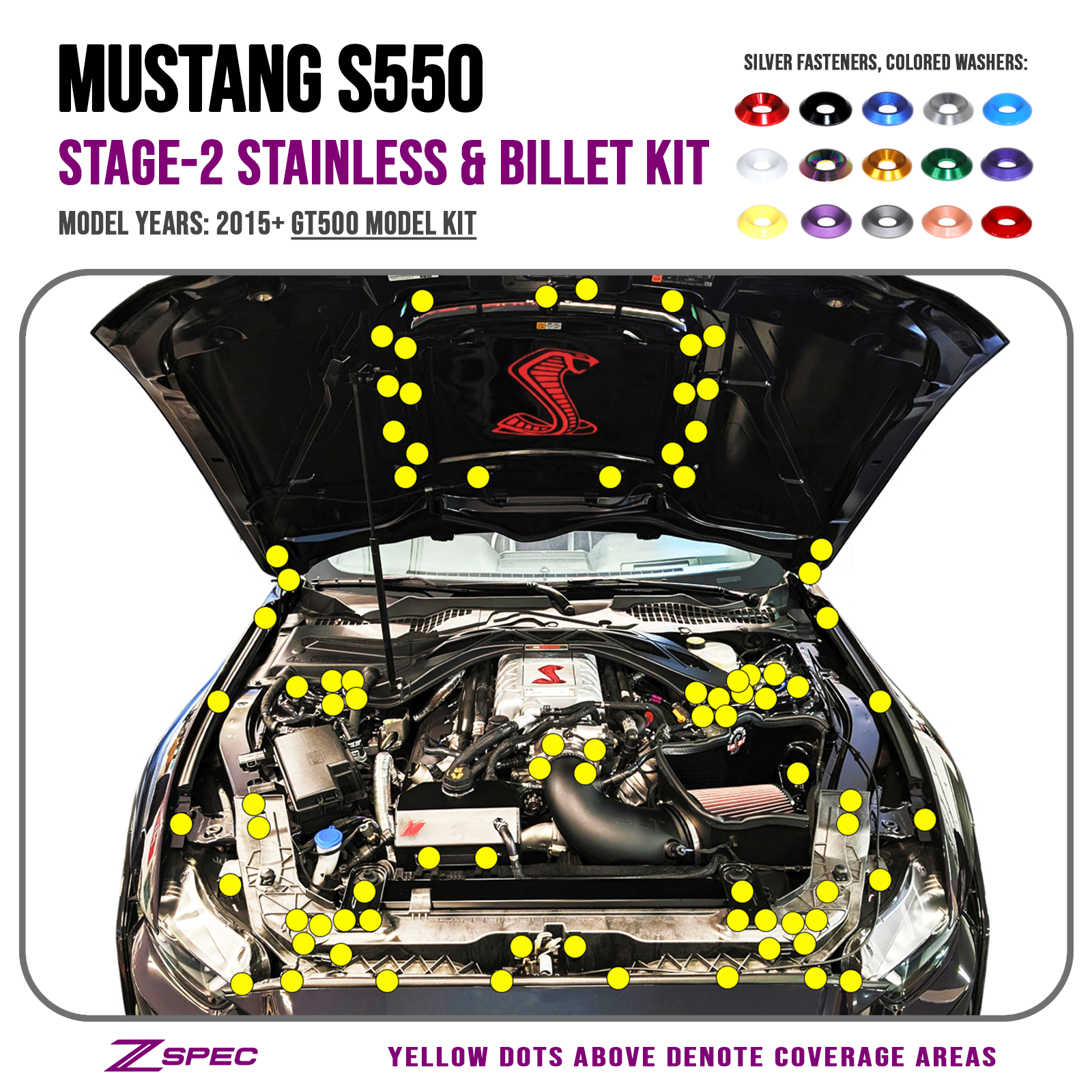 ZSPEC Stage-2 Dress Up Bolts® Fastener Kit for '15-23 Ford Mustang GT500 S550, Stainless & Billet - ZSPEC Design LLC - Hardware Fasteners - Fastener Kit, ford, mustang, s550, stage 2 - zspecdesign.com