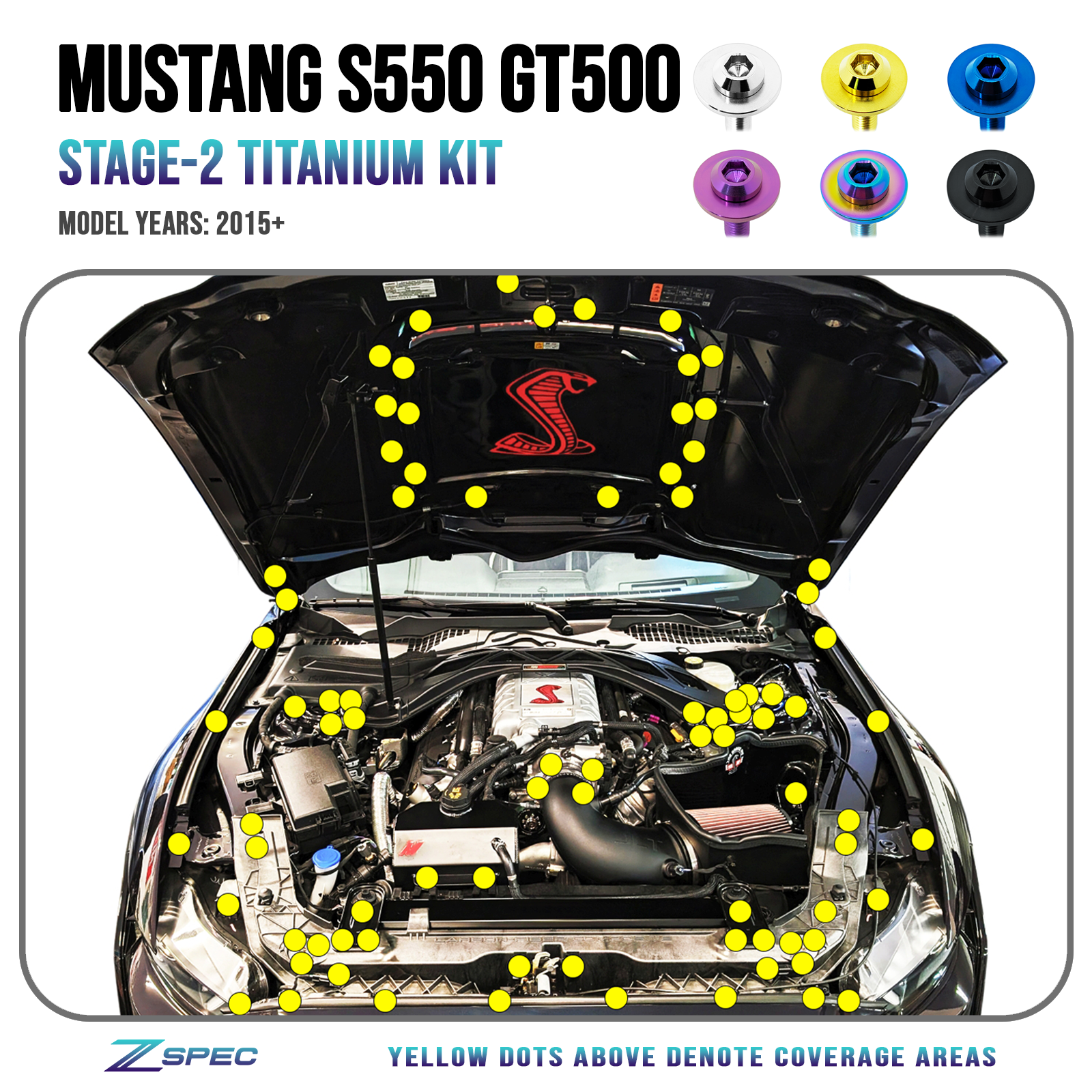 ZSPEC Stage-2 Dress Up Bolts® Fastener Kit for '15-23 Ford Mustang GT500 S550, Titanium - ZSPEC Design LLC - Hardware Fasteners - Fastener Kit, ford, mustang, s550, stage 2 - zspecdesign.com
