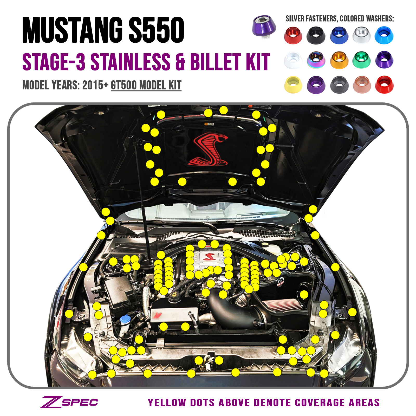 ZSPEC Stage-3 Dress Up Bolts® Fastener Kit for '15-23 Ford Mustang GT500 S550, Stainless & Billet - ZSPEC Design LLC - Hardware Fasteners - Fastener Kit, ford, mustang, s550, stage 2 - zspecdesign.com